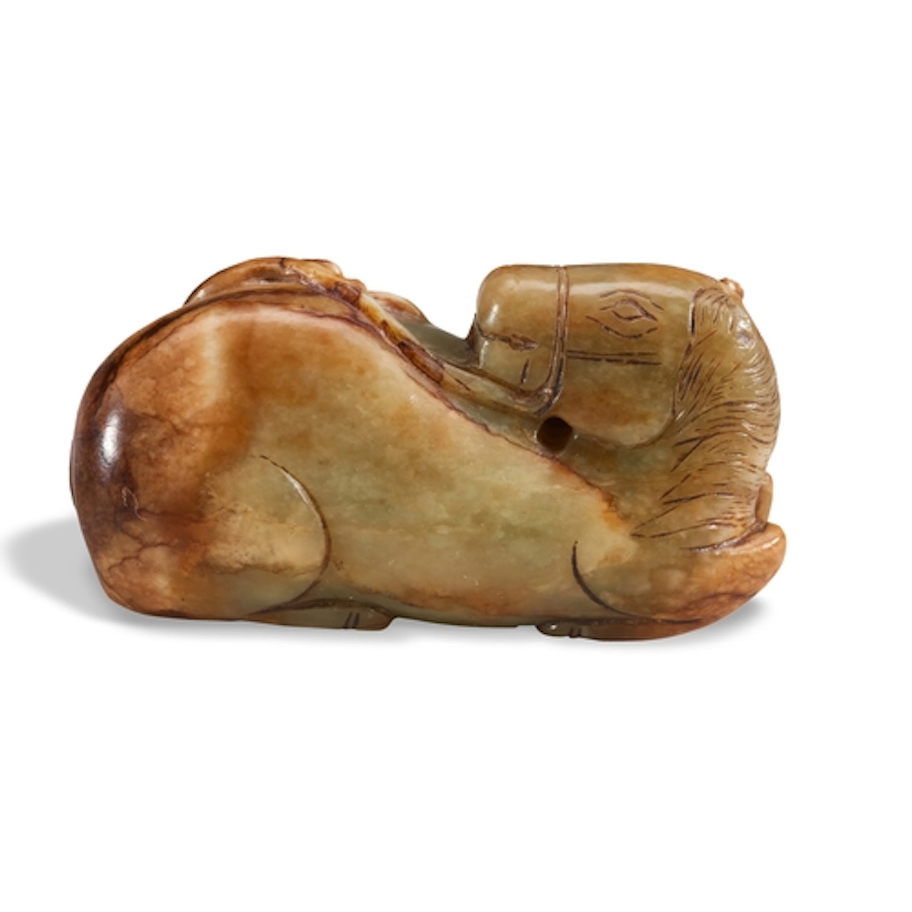 A CELADON AND RUSSET JADE CARVING OF A HORSE 19TH/20TH CENTU...