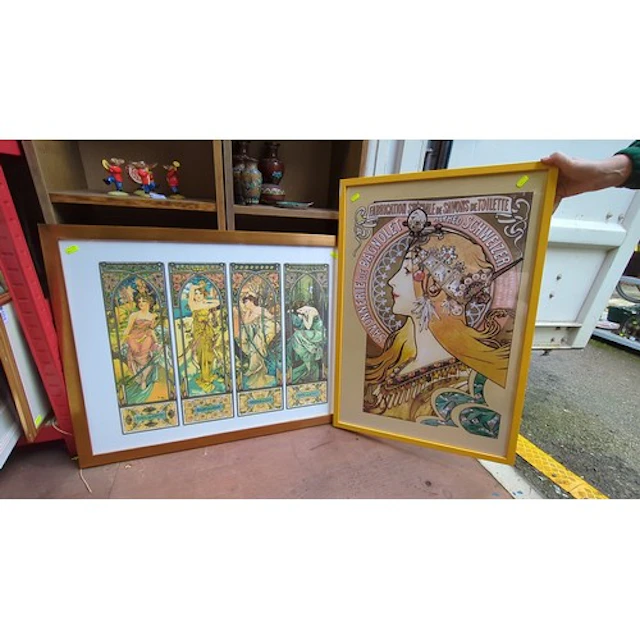 Two framed Art Nouveau-style colour prints: an advertising p...