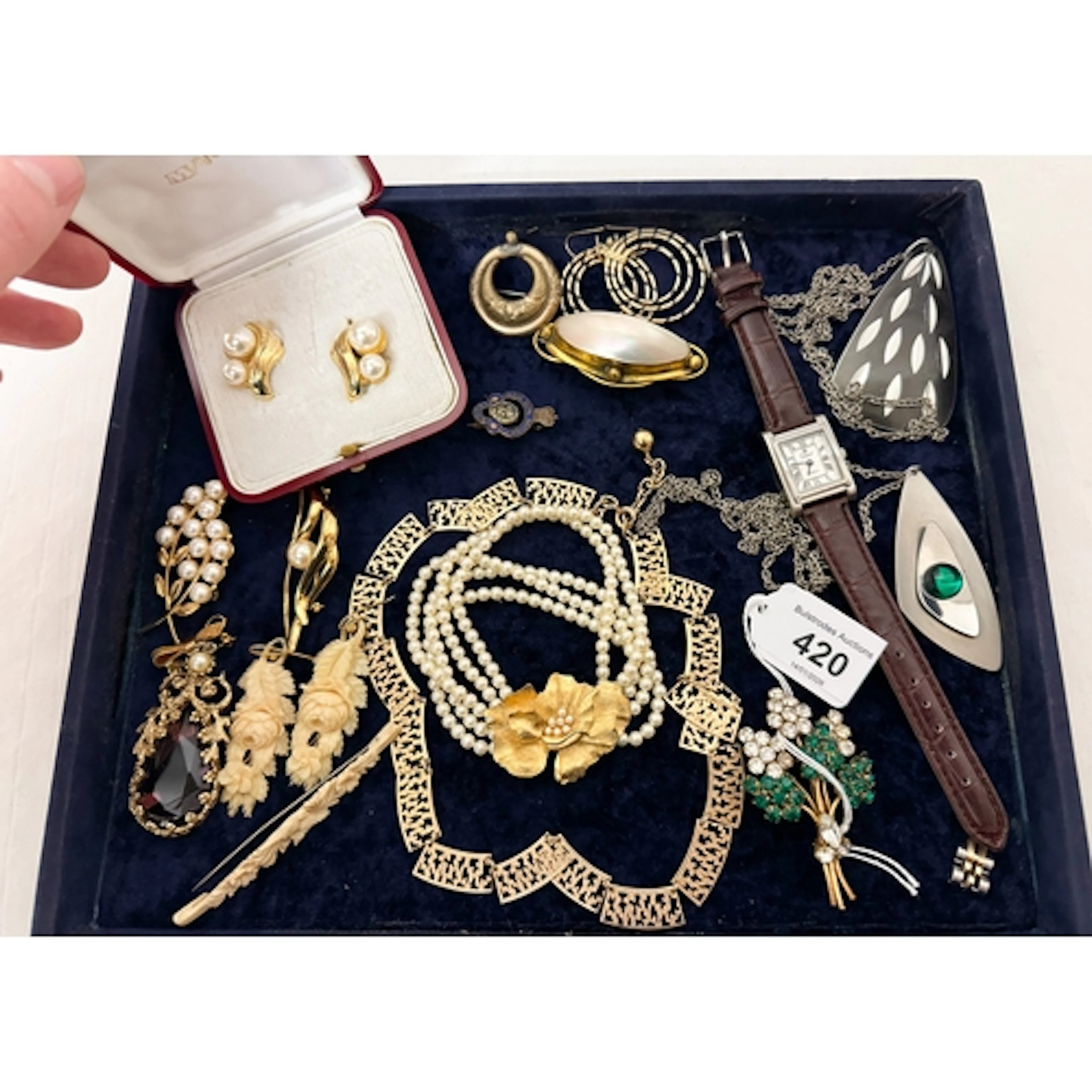 Majorica faux pearl jewellery, Trifari bracelet, 1970's stee...