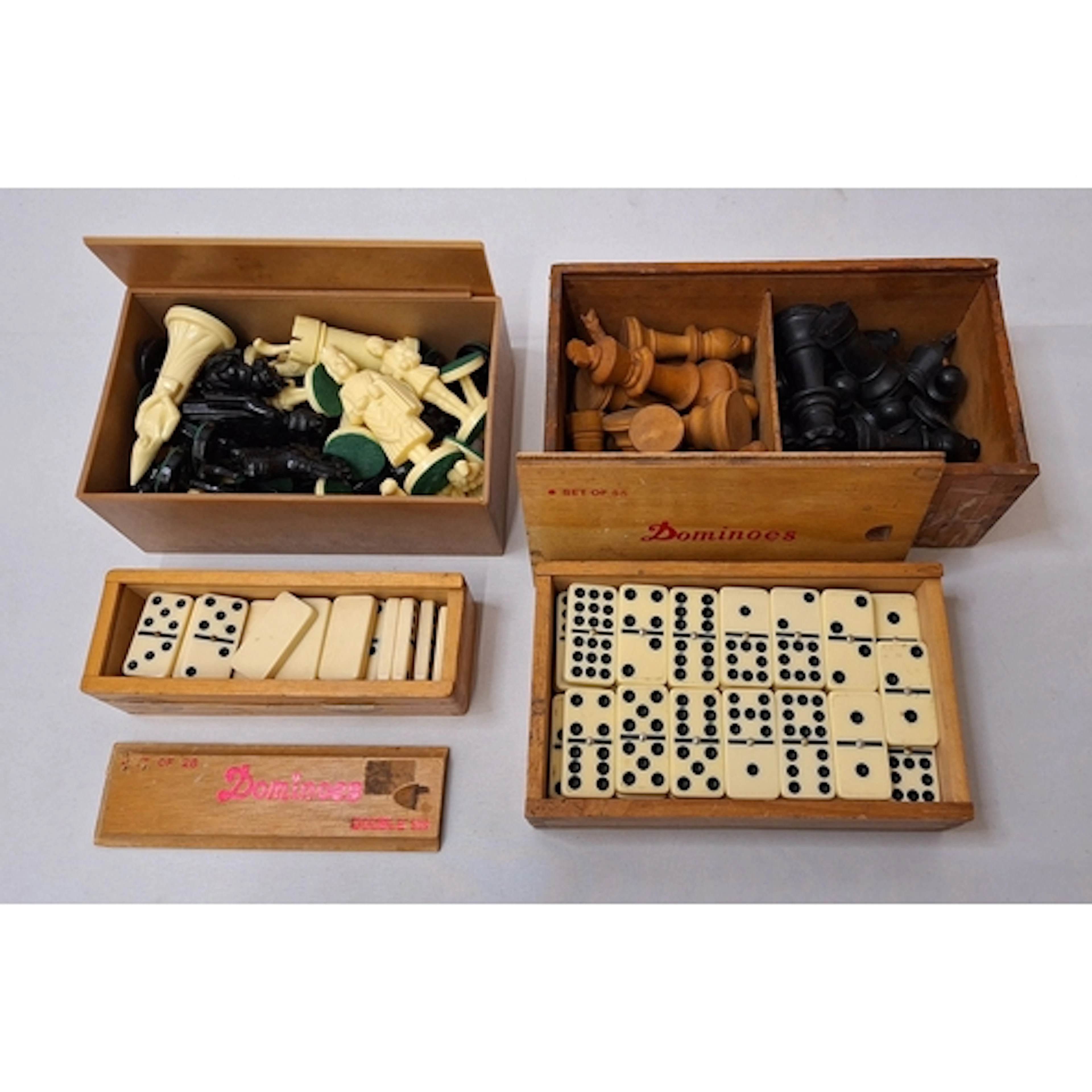 2 Sets Chess Pieces, 1 wooden, 1 composition & 2 boxes of do...