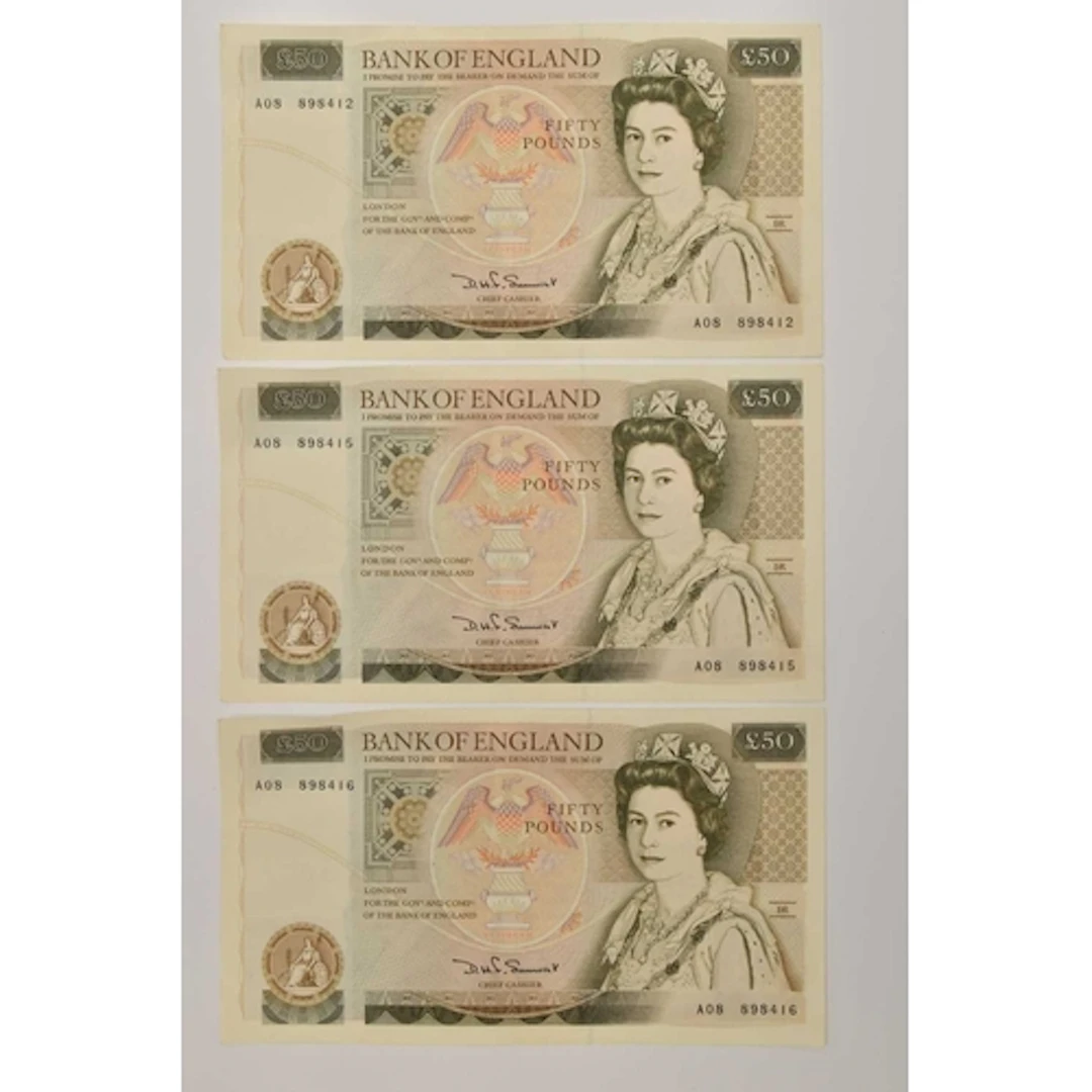 Banknotes. 3 x Fifty Pound Notes Somerset 1981 prefix A08 2 ...