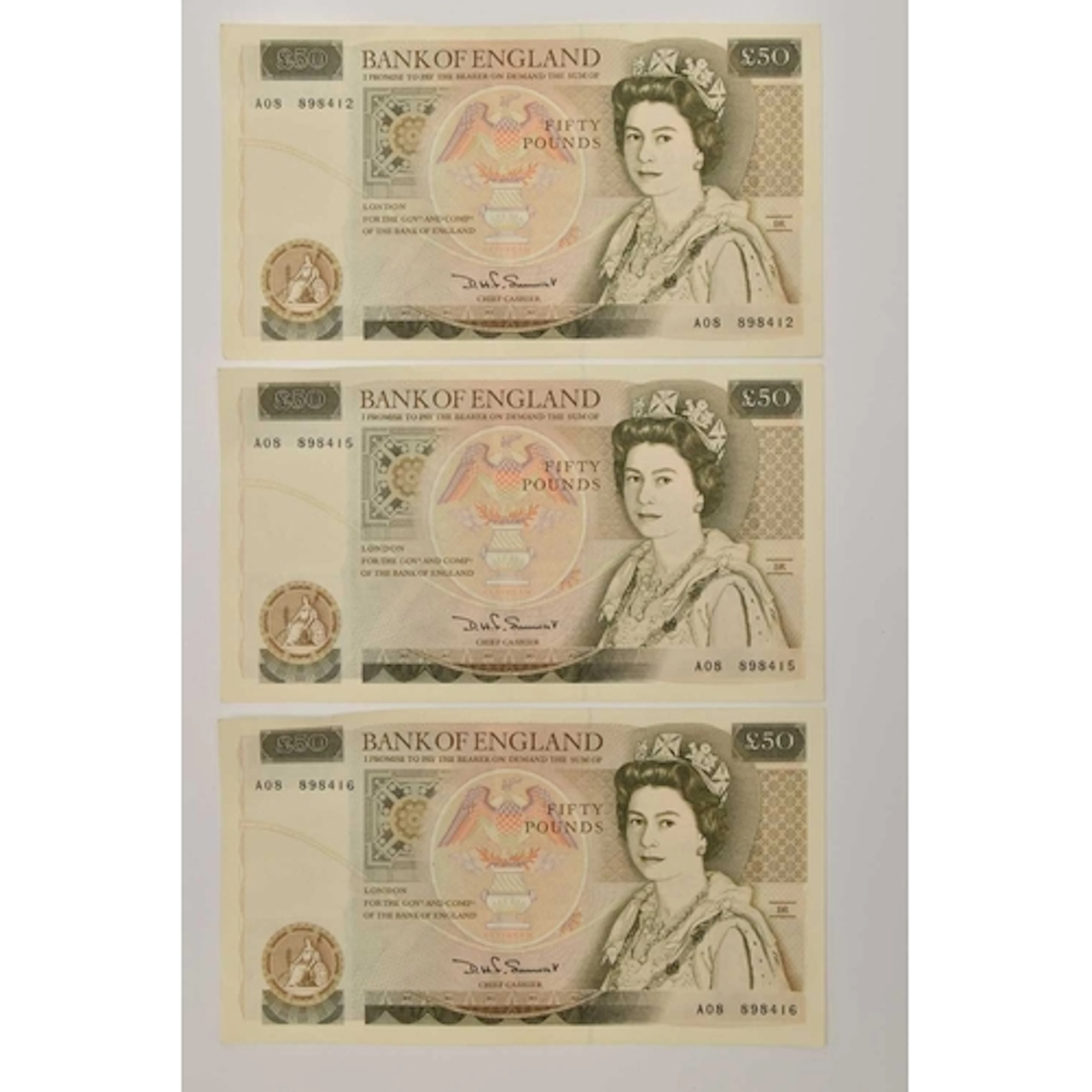 Banknotes. 3 x Fifty Pound Notes Somerset 1981 prefix A08 2 ...