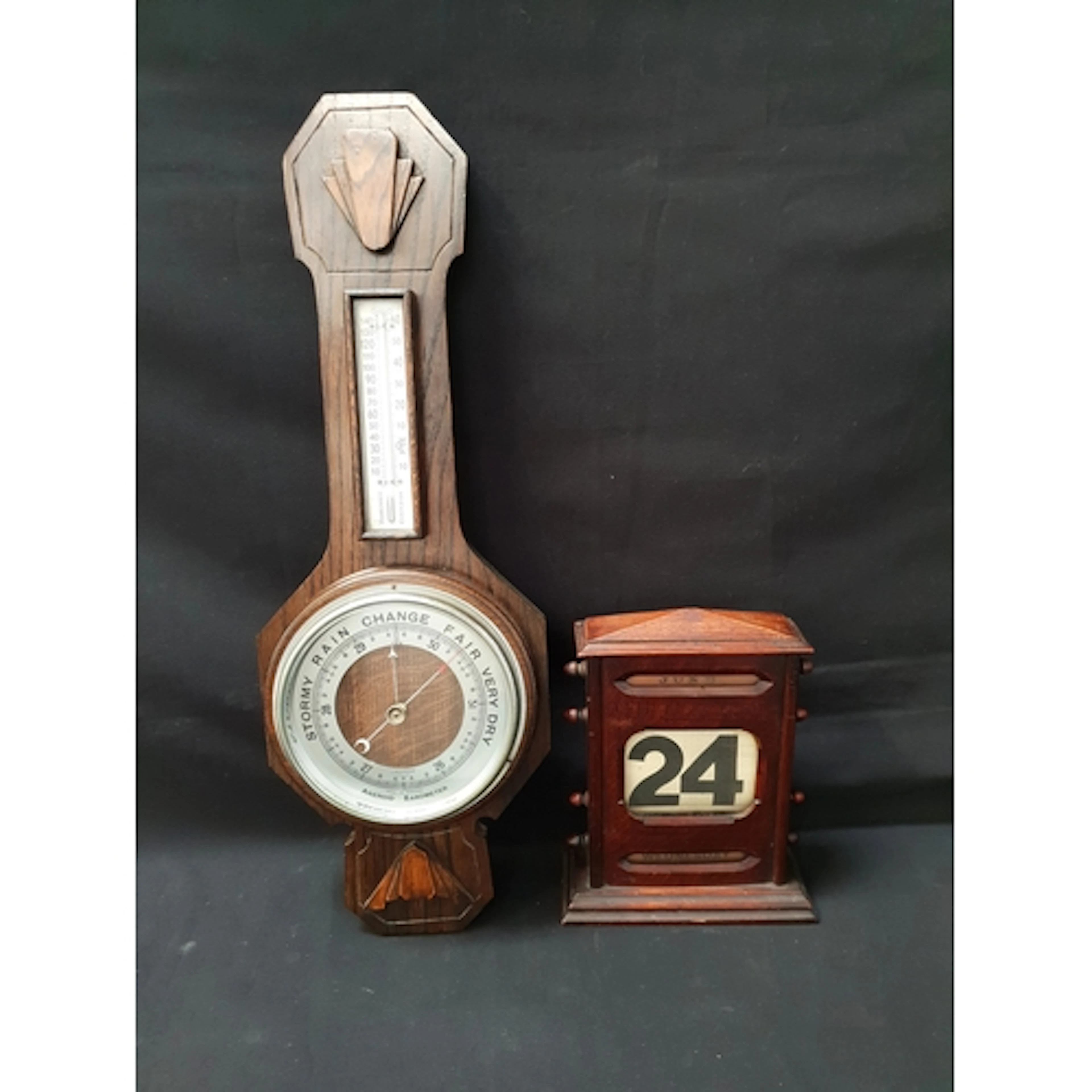 ART DECO STYLE OAK BAROMETER the case with raised Art Deco ...