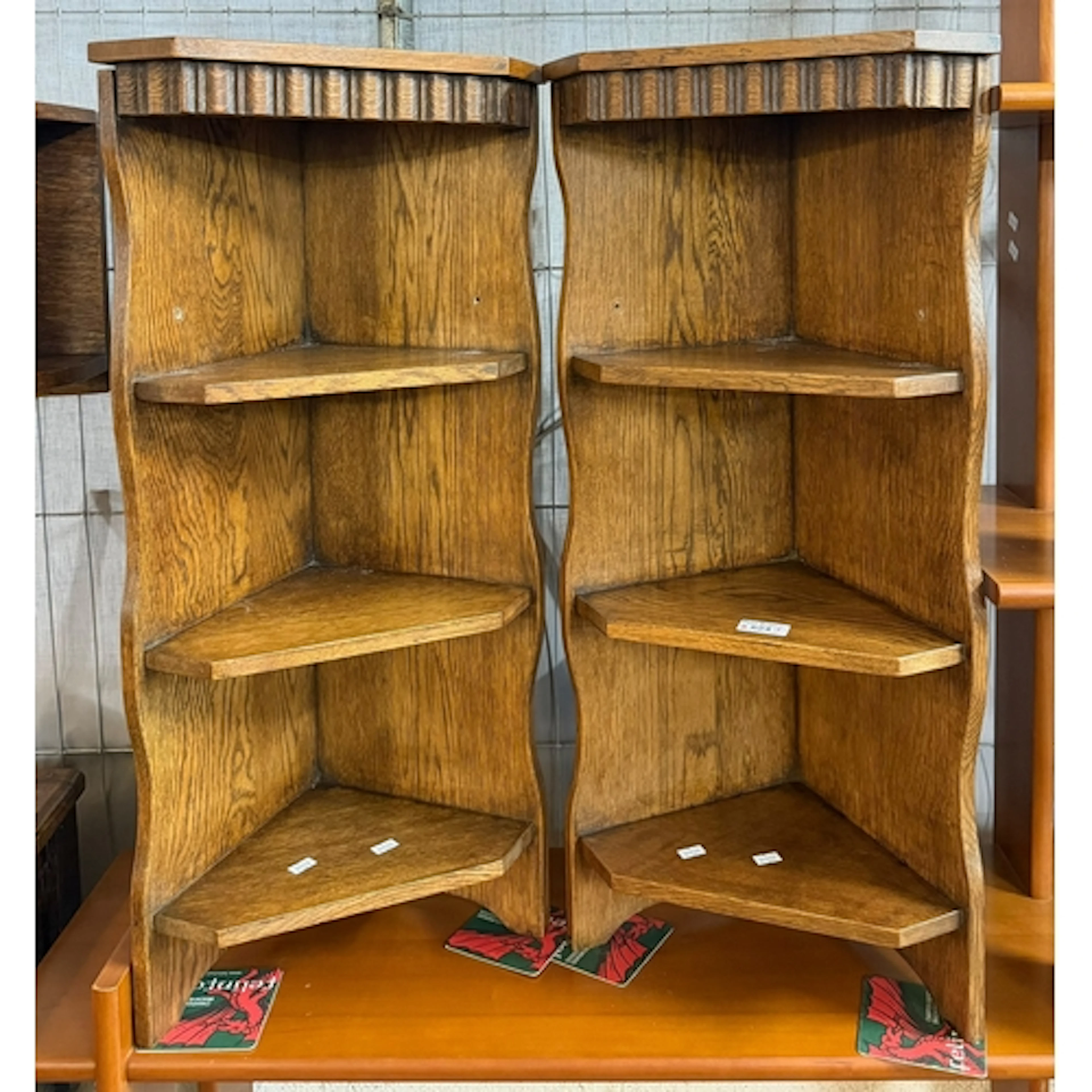 Pair of oak corner shelf display units, each (W)36x(H)77cm a...
