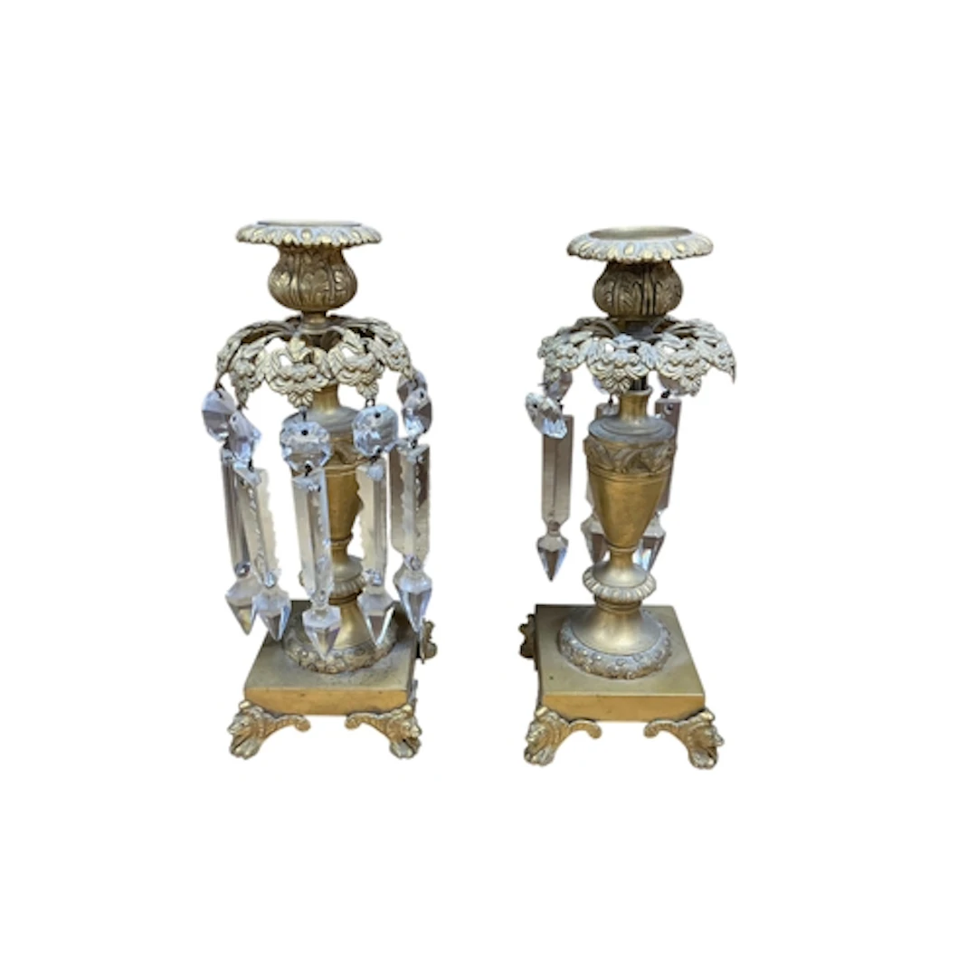 A pair of Regency style gilt metal lustre candlesticks, seve...