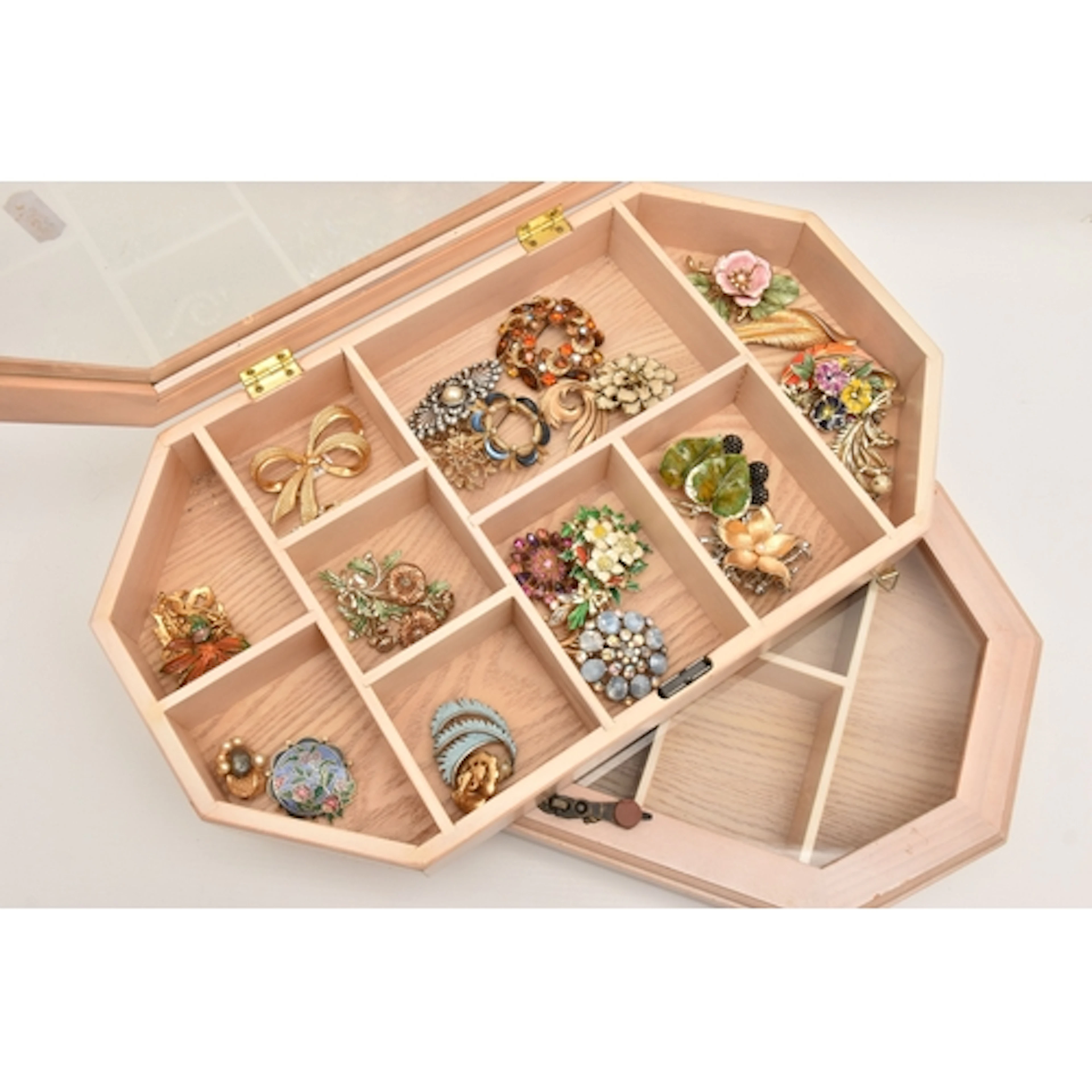 TWO WOODEN DISPLAY JEWELLERY BOXES AND DESIGNER BROOCHES, to...