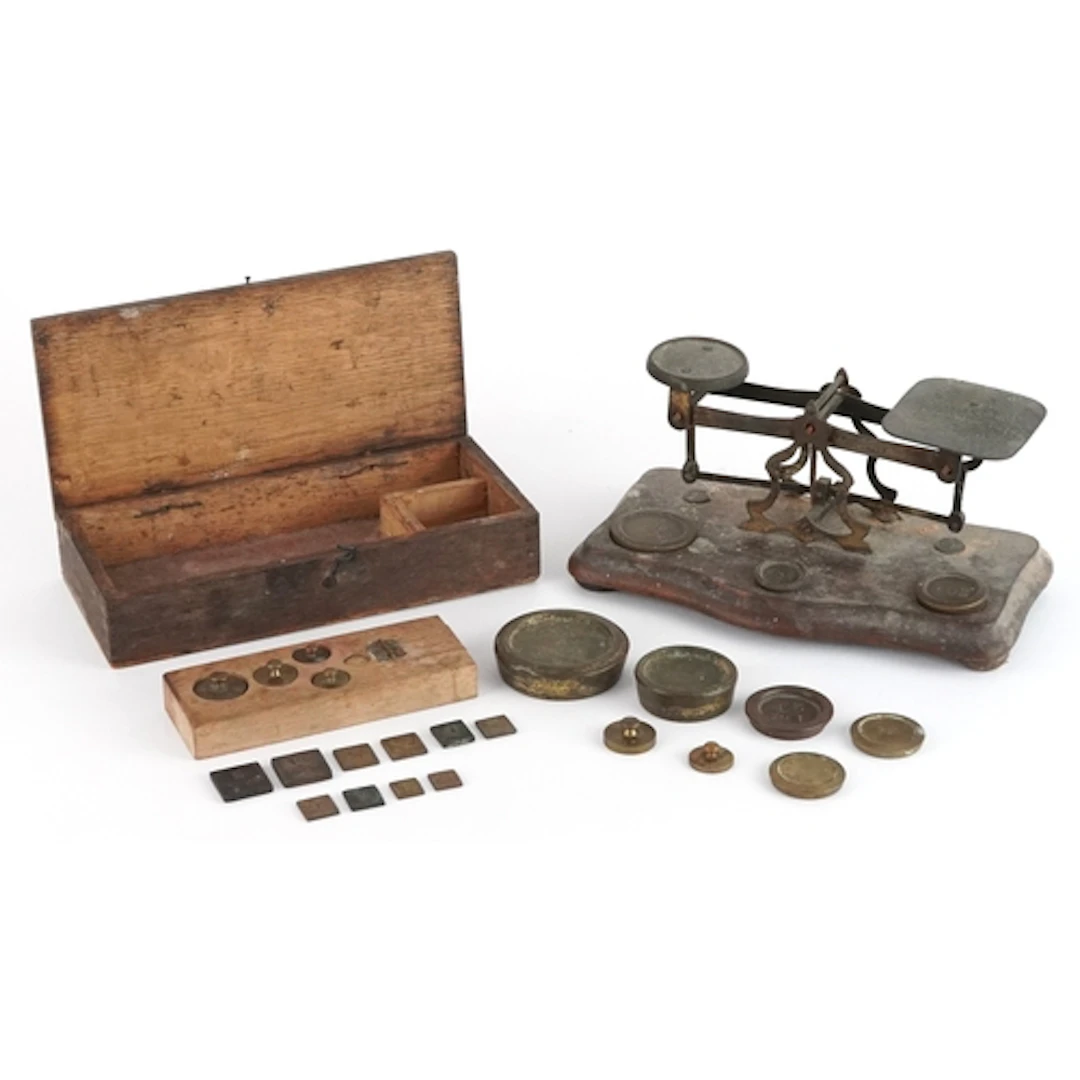 Set of brass 19th century postal scales with two sets of bra...