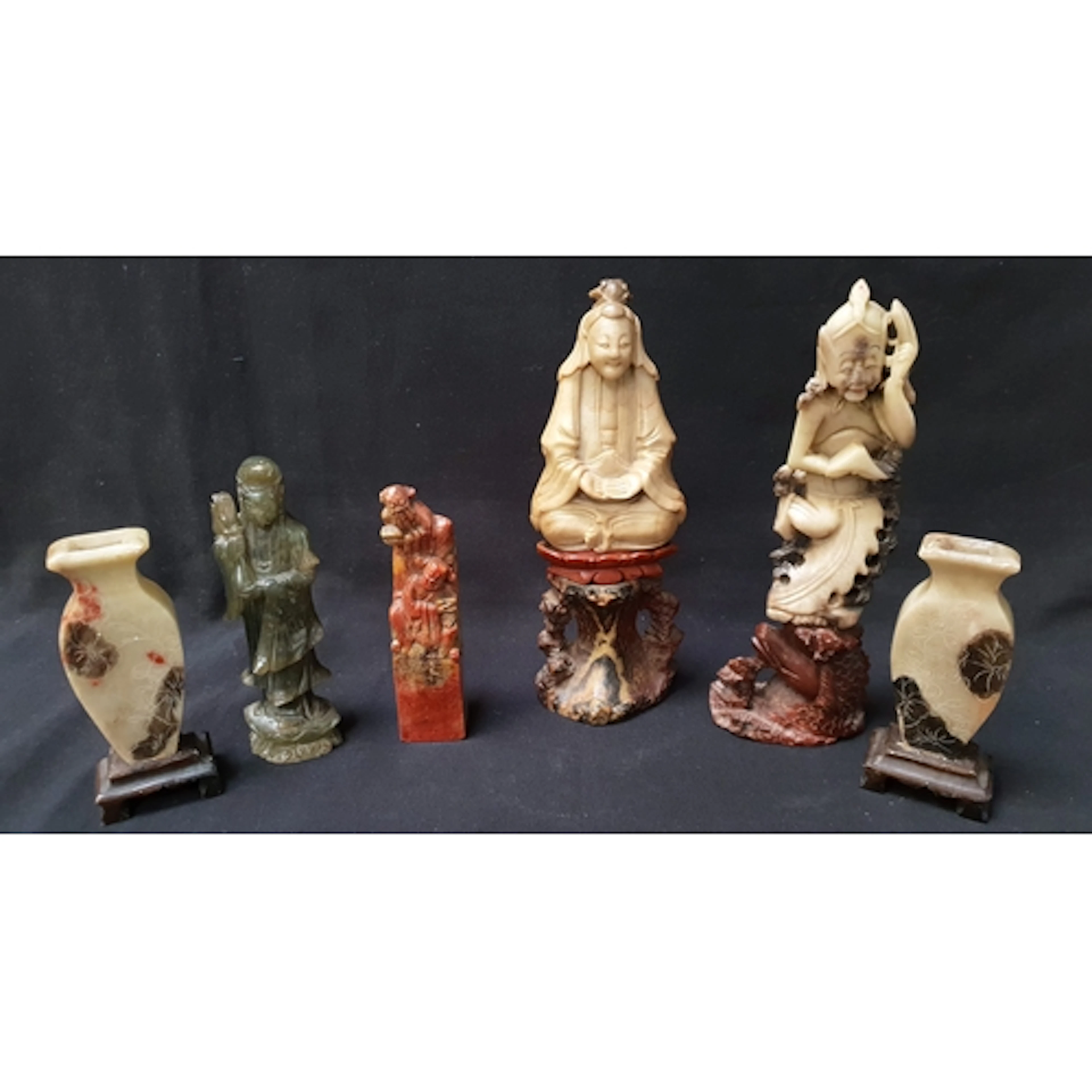 SELECTION OF HAND CARVED SOAPSTONE FIGURES AND VASES includi...