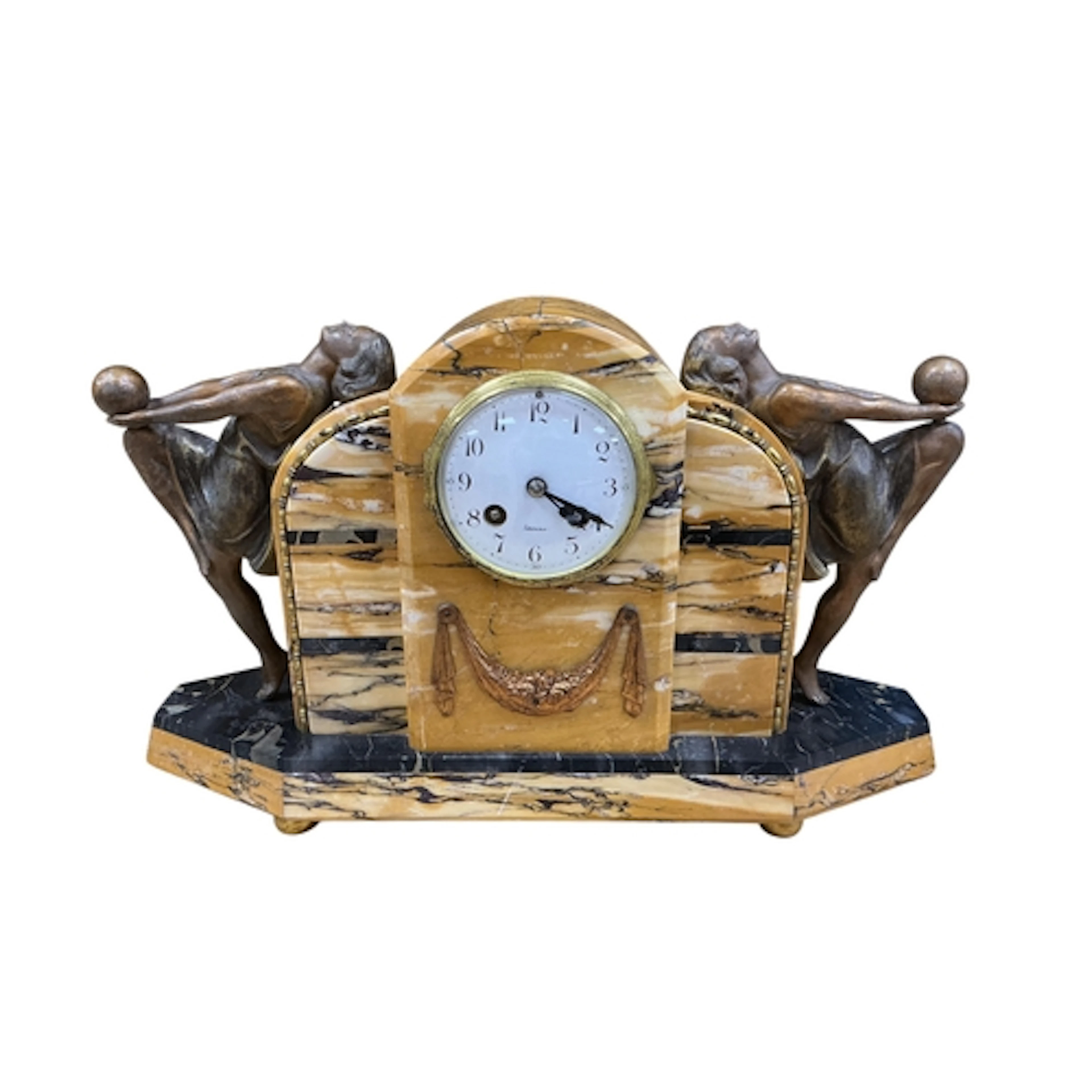 An Art Deco Sienna marble mantel clock surmounted with two g...