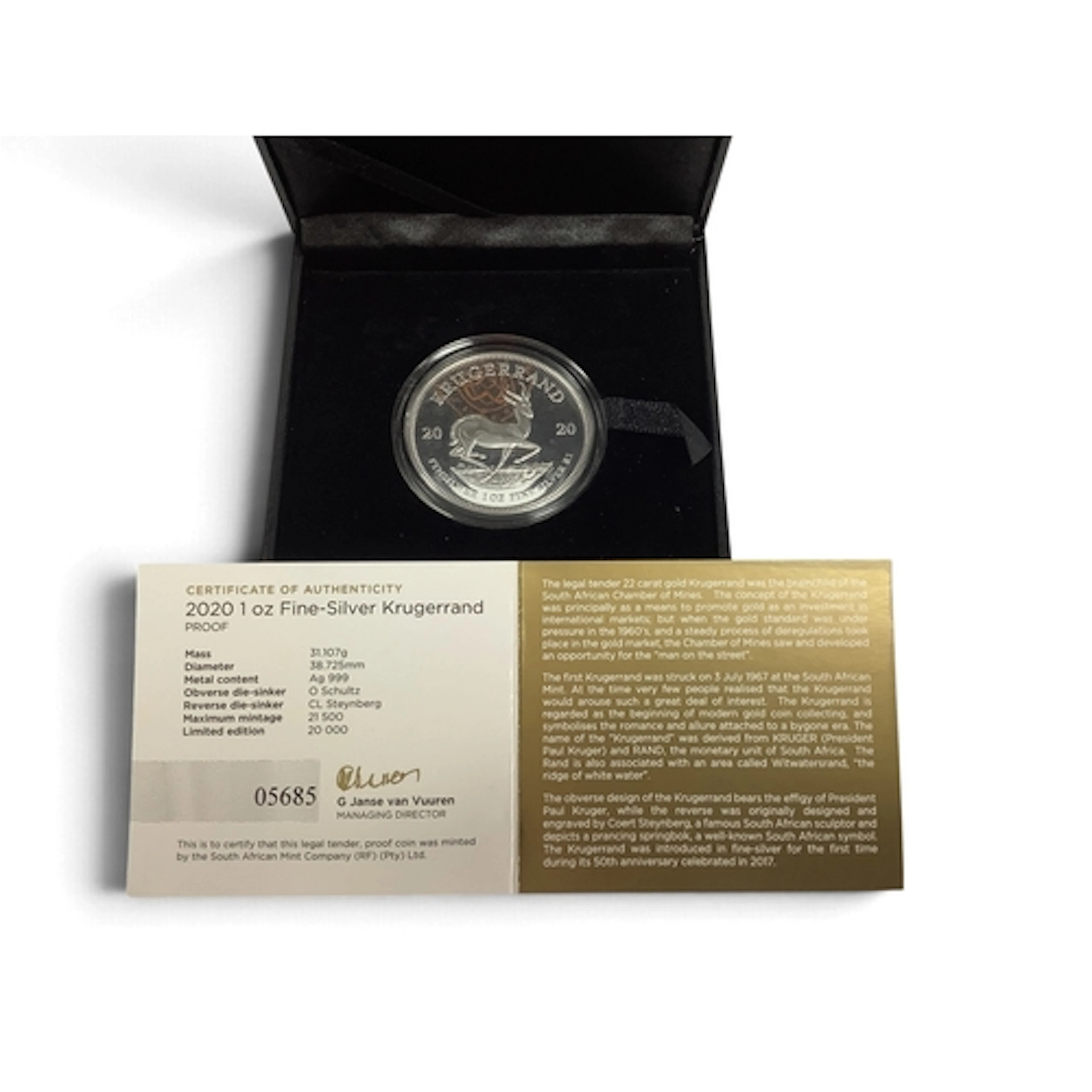 2020 South African Mint One Ounce Fine Silver Proof Krugerra...