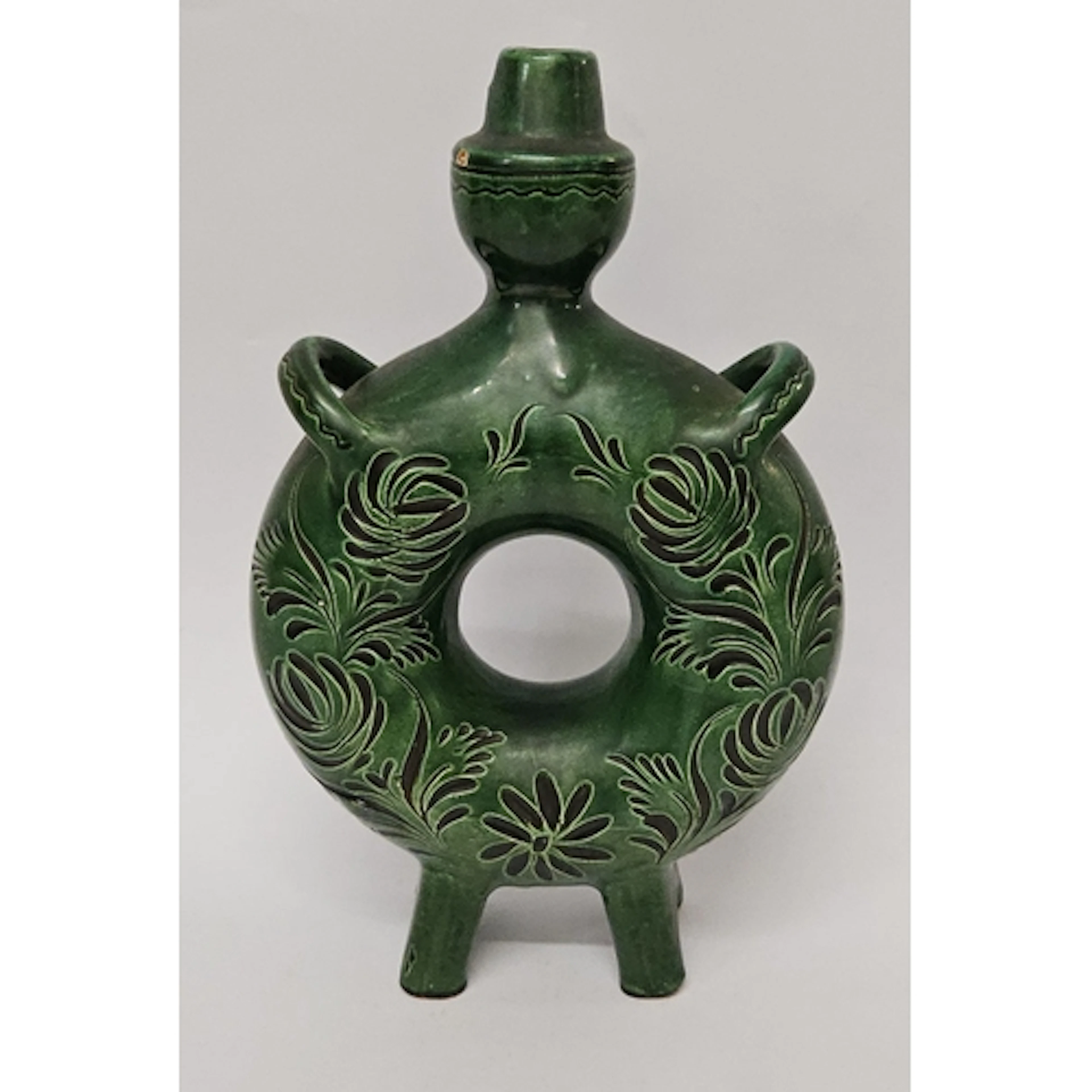 Vintage Green Glazed Donut Carafe/Decanter, double handled w...