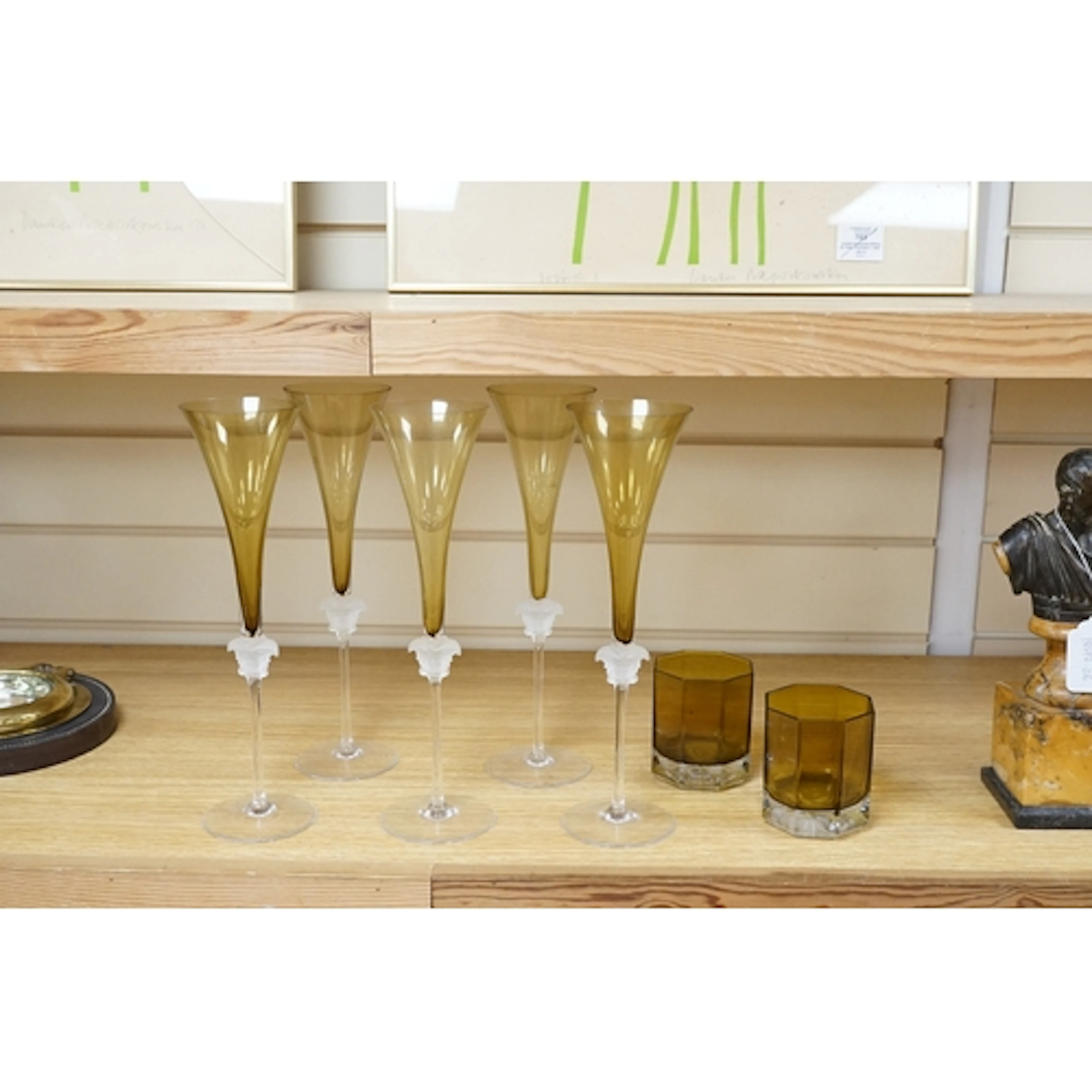 Five Versace Medusa Lumiere green champagne flutes and two s...