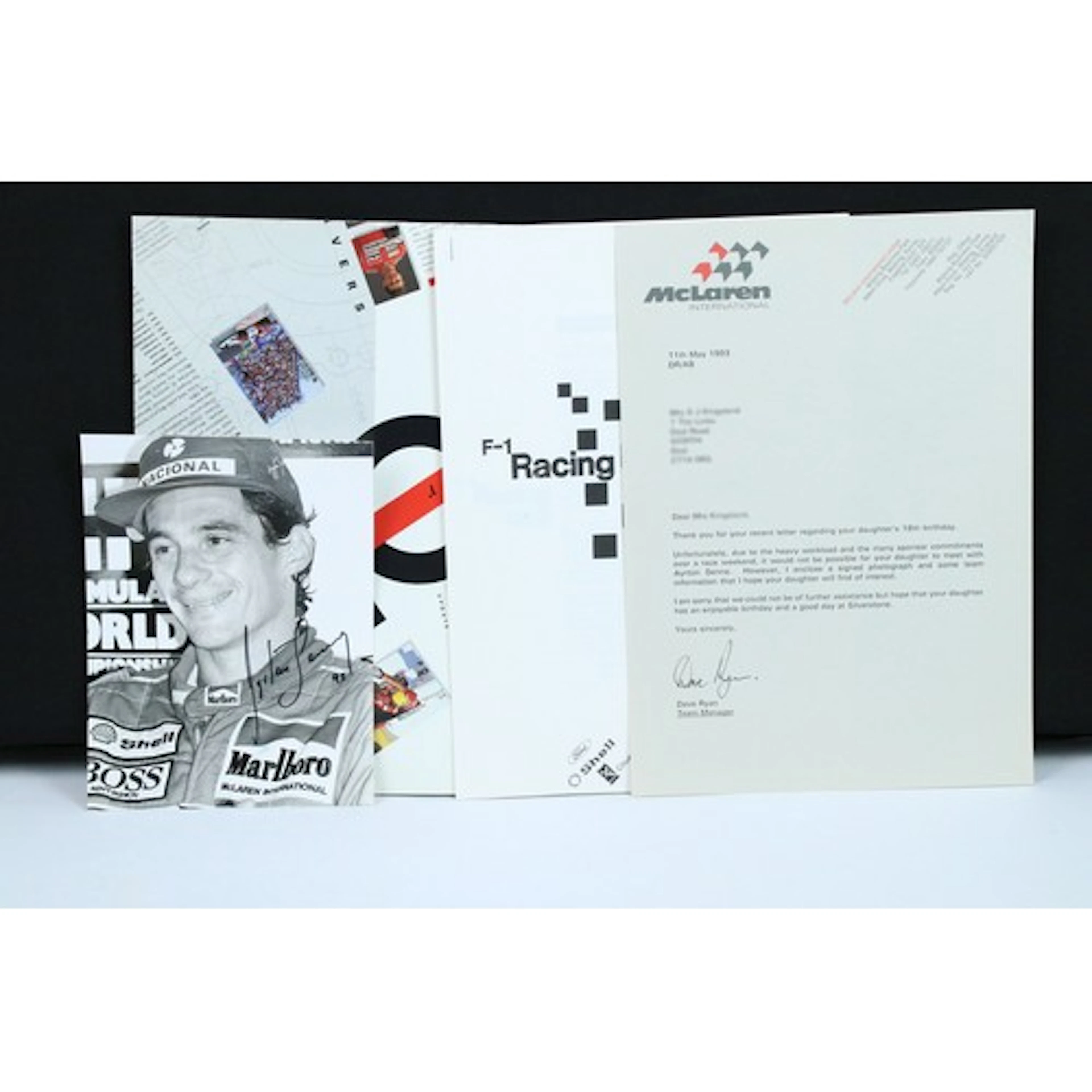 Ayrton Senna signed photograph 1993 together with a letter f...