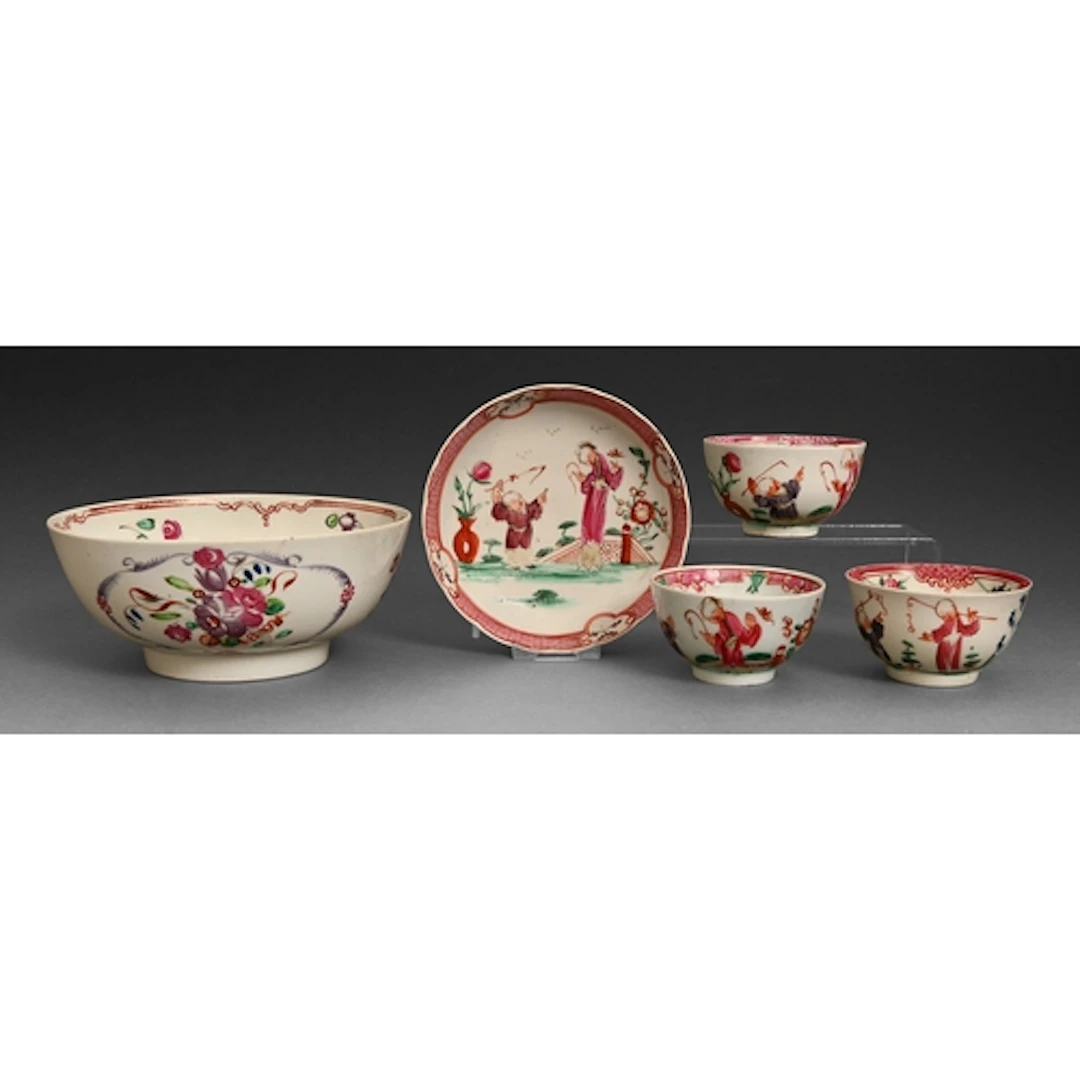 A Baddeley-Littler slop bowl, c1777-1785, painted with a loo...