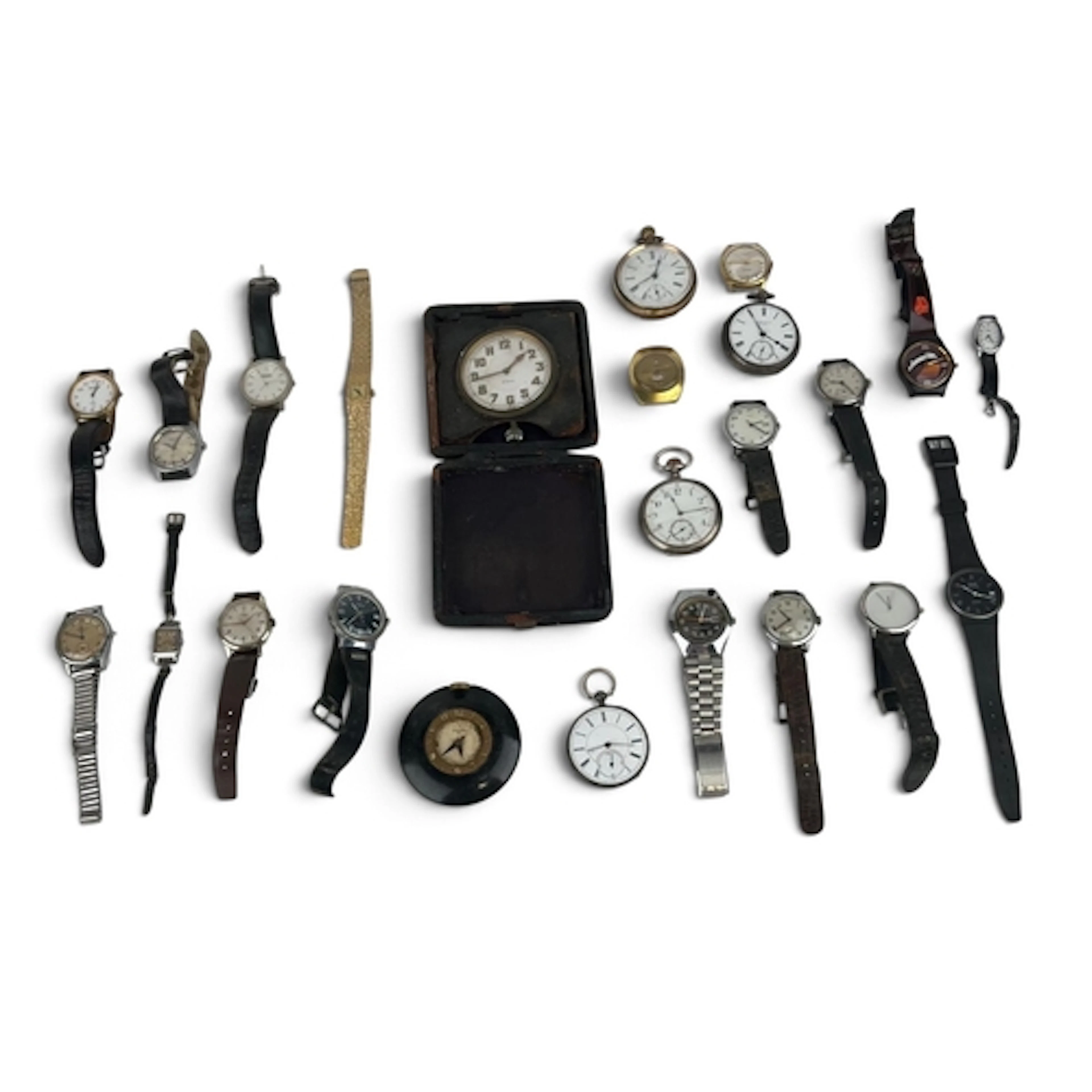 A MIXED LOT OF WRIST AND POCKET WATCHES, TO INCLUDE TIMEX, S...