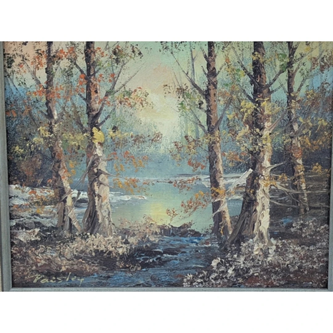 Paisley - an oil on board depicting a river on the edge of a...