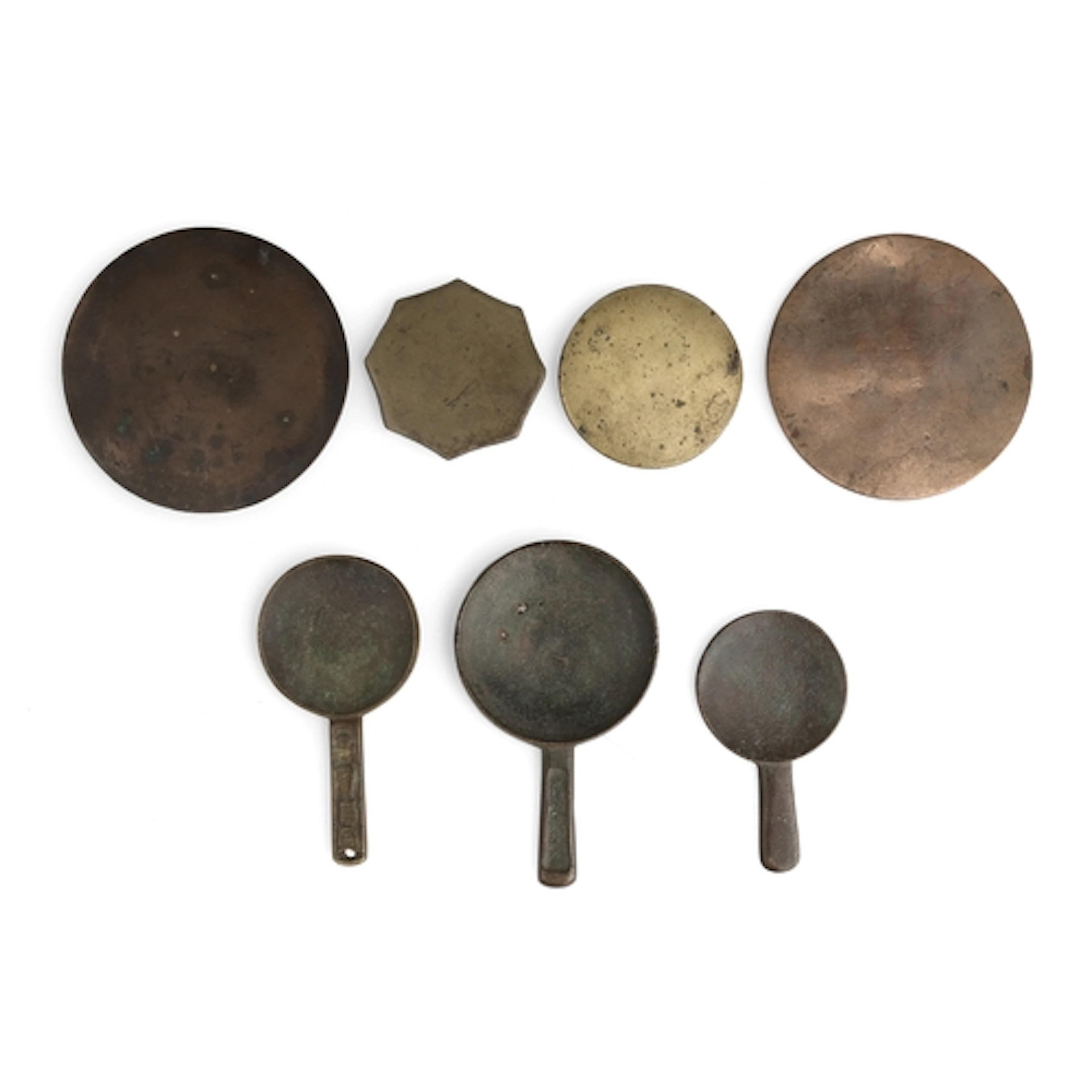 SEVEN ANTIQUE CHINESE BRONZE HAND MIRRORS Largest 7.5 cm Len...