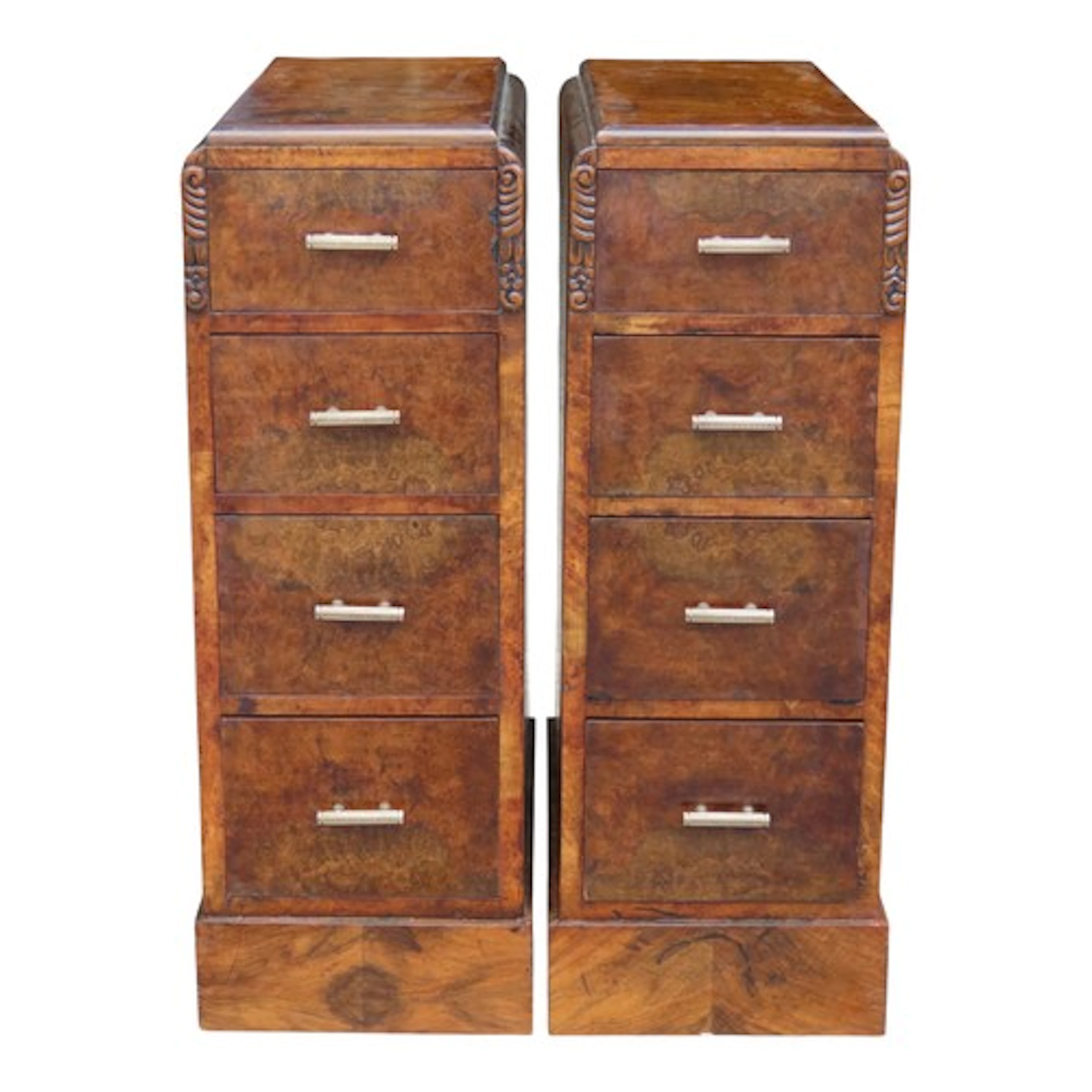 A pair of art deco style walnut four drawer bedside chests 7...