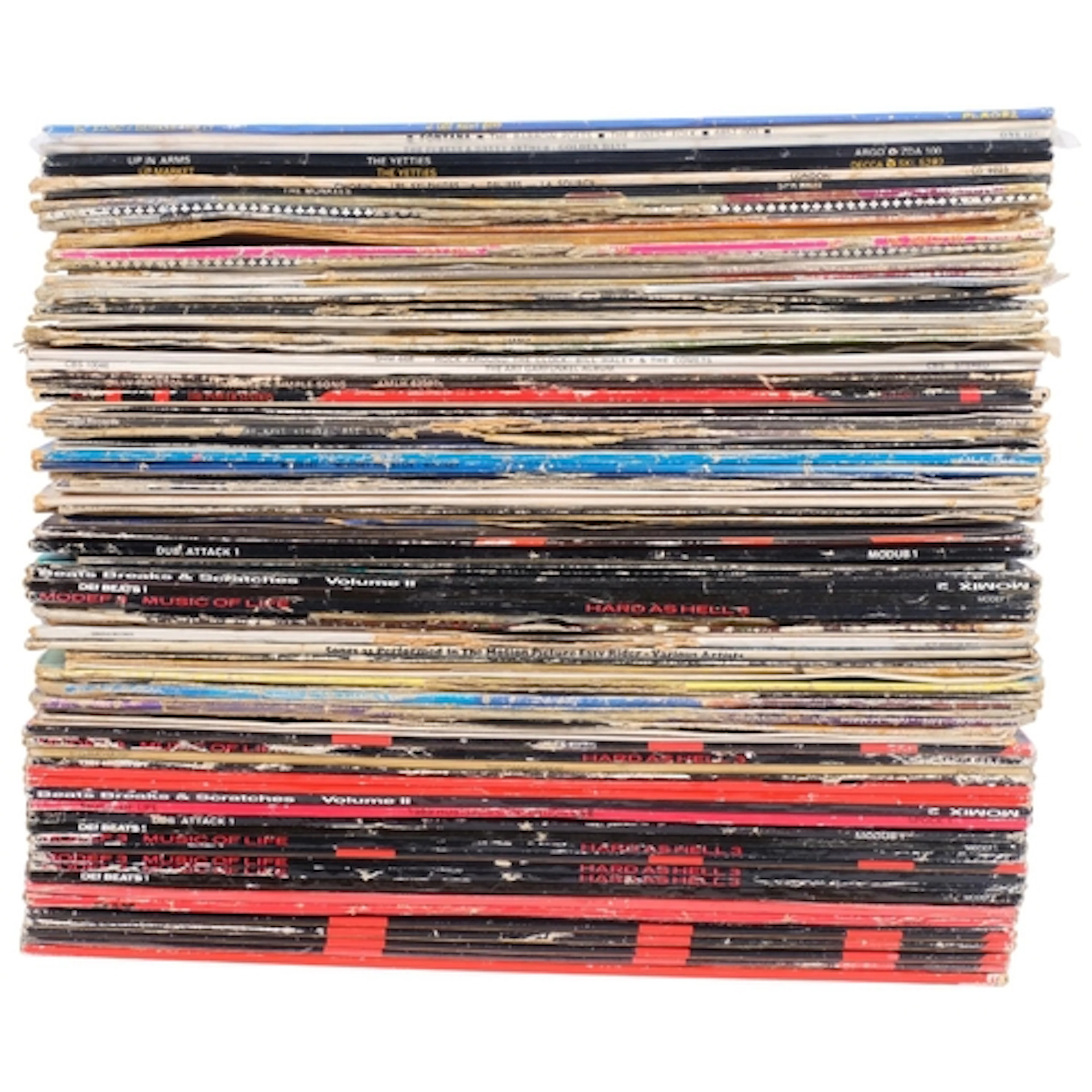A collection of various vinyl LPs, including rap examples, a...