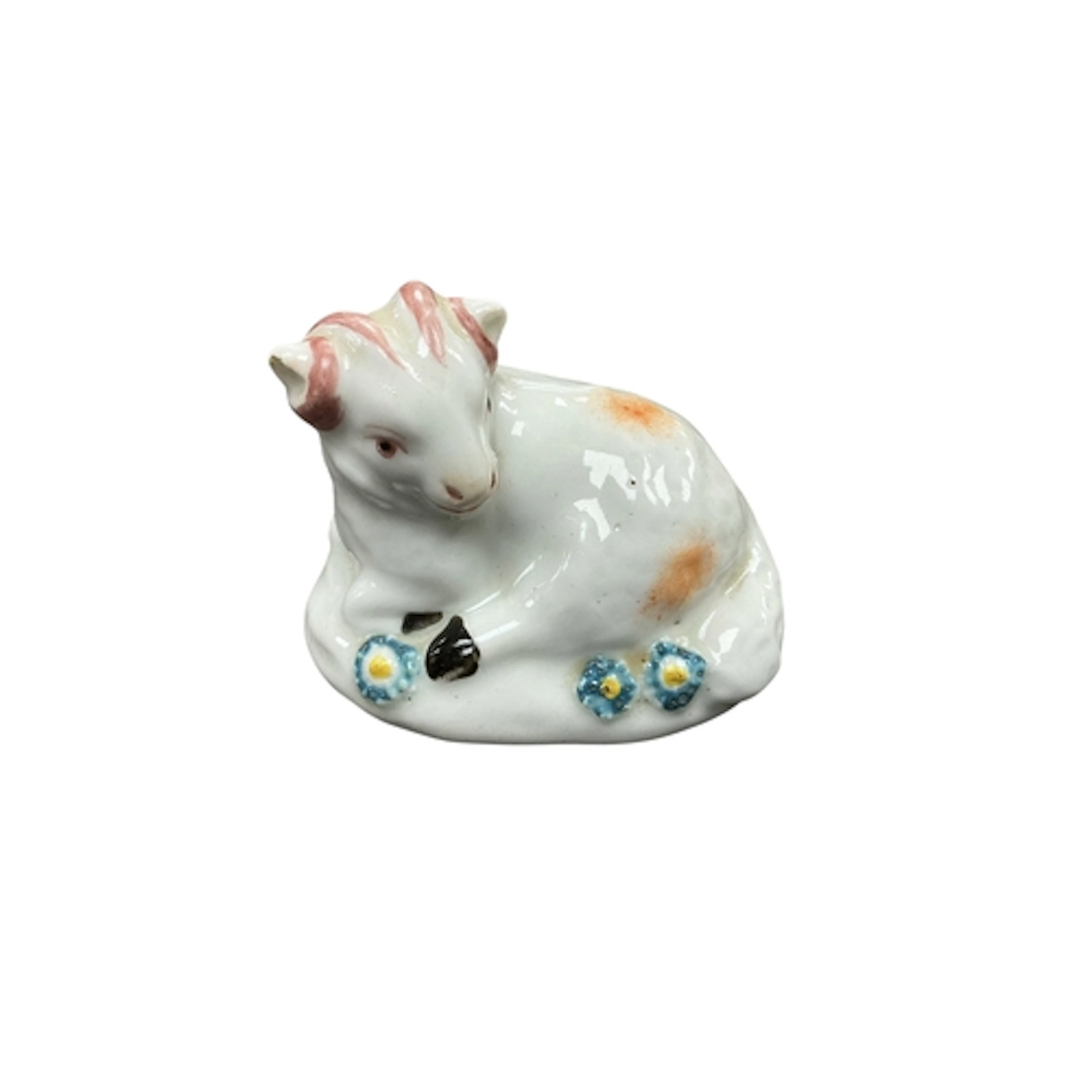 A Derby porcelain sheep model, width 6cm.