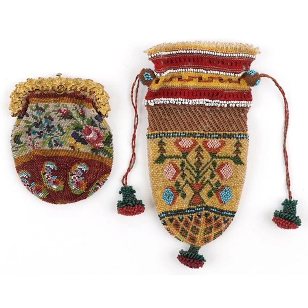Two antique micro beaded purses including a chatelaine examp...