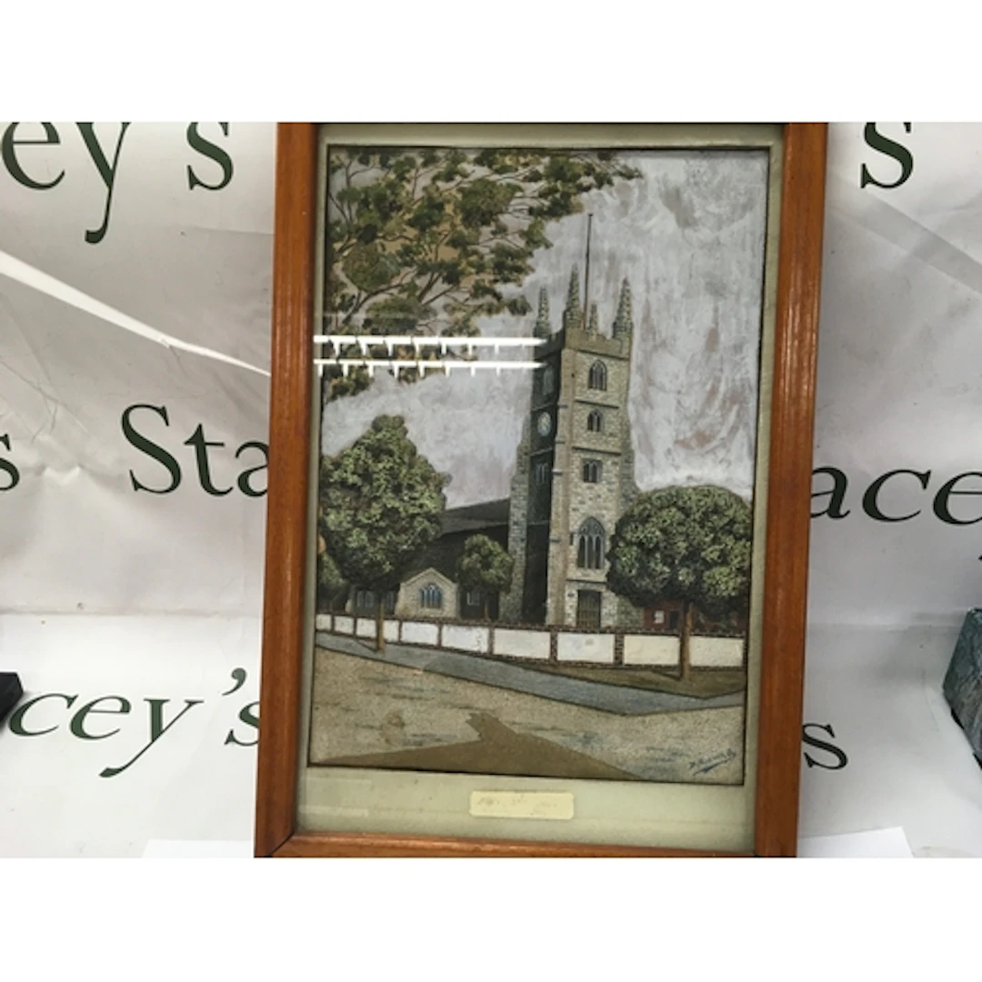 Framed picture titled Prittlewell Church done with sand. 16...