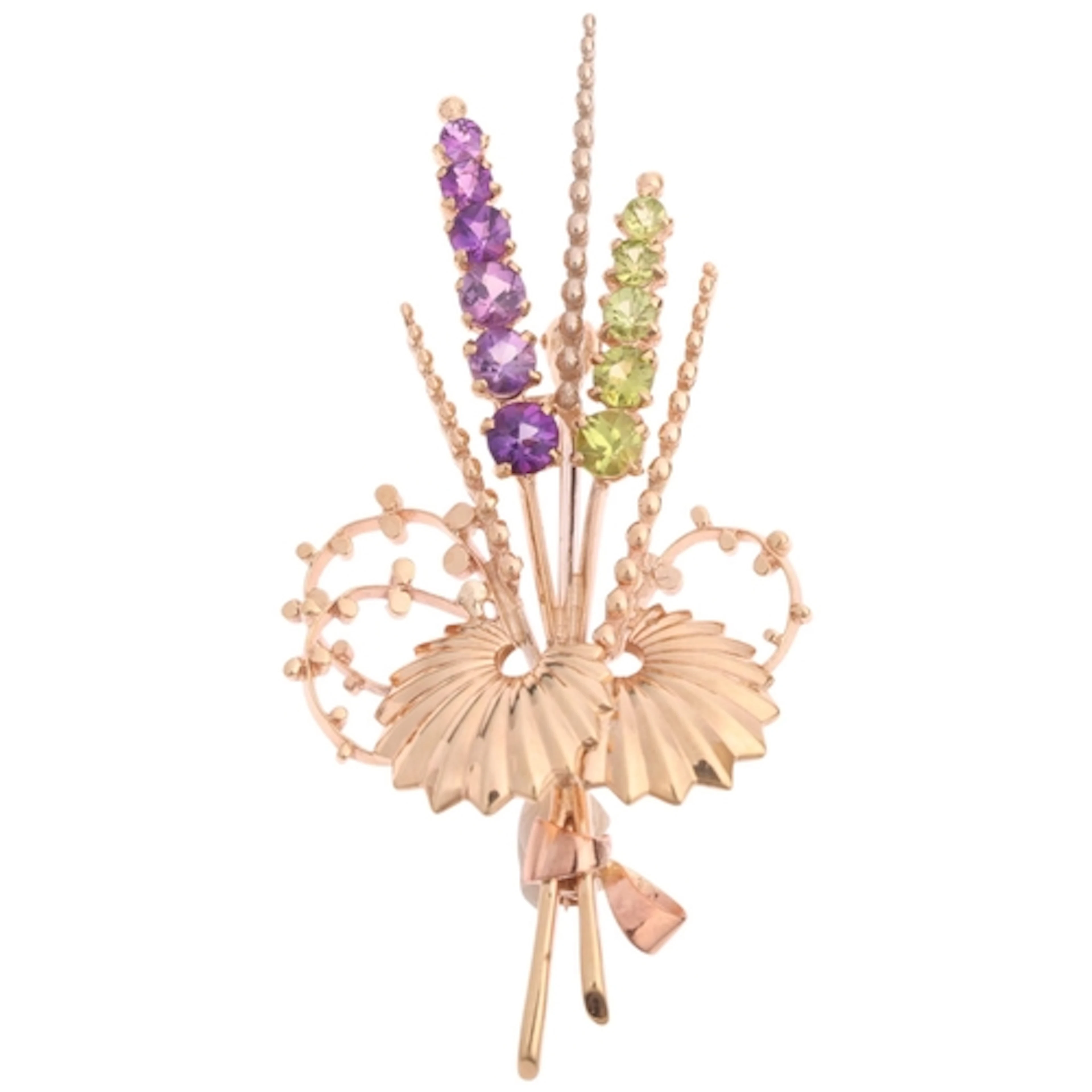 A Vintage 9ct rose gold gem set heather floral spray brooch,...