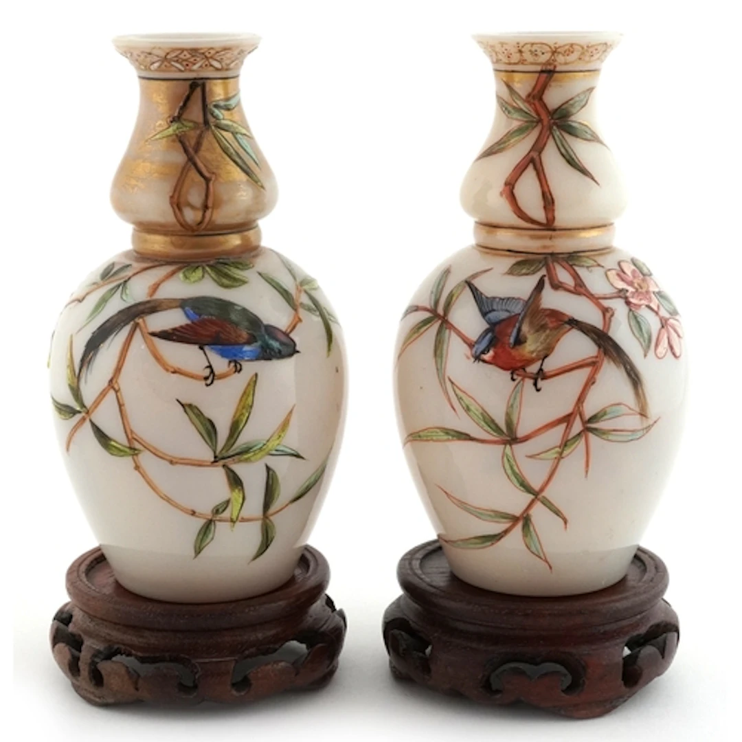 Pair of Victorian opaline glass vases hand painted with bird...