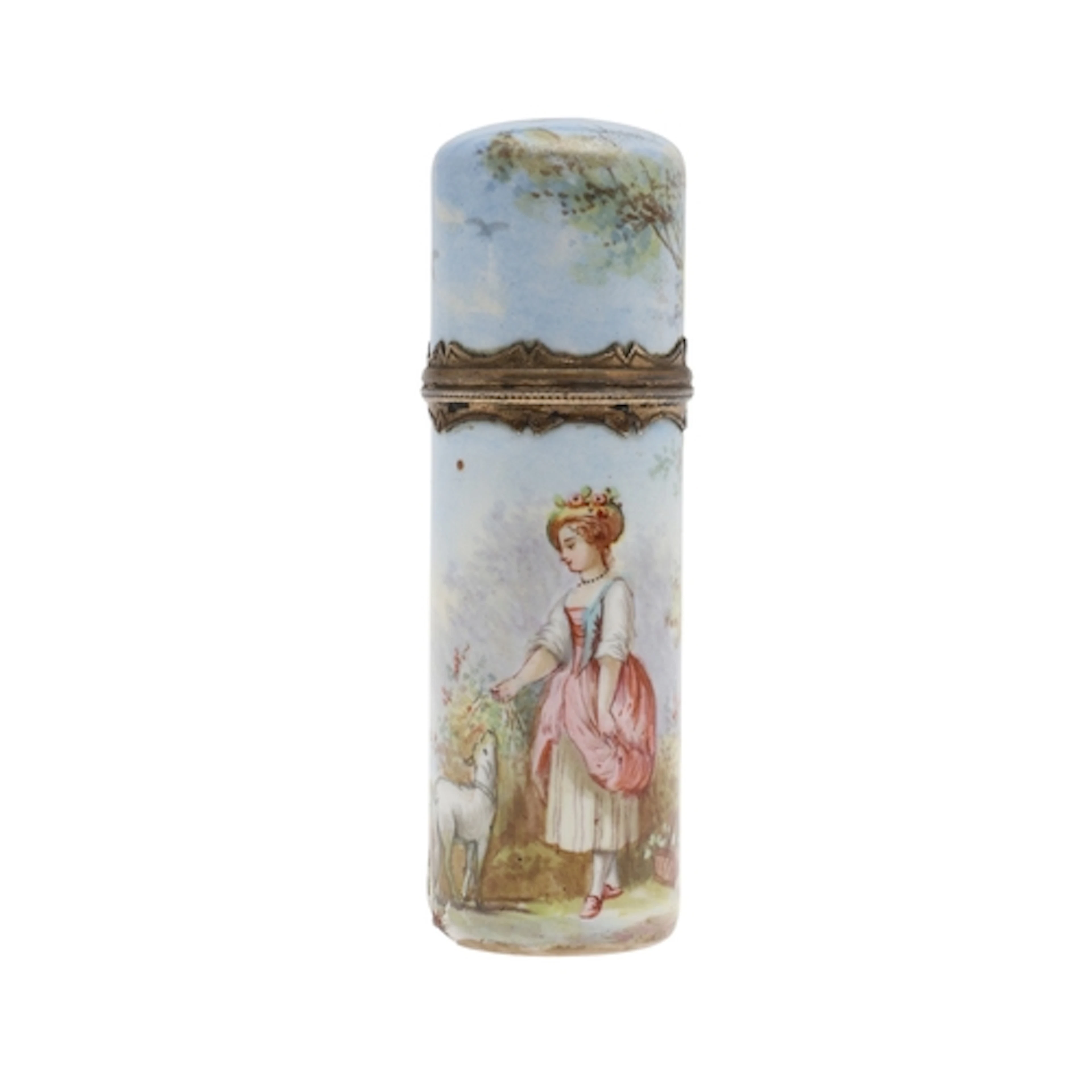 AN EARLY 20TH CENTURY FRENCH CYLINDRICAL GILT METAL AND ENAM...