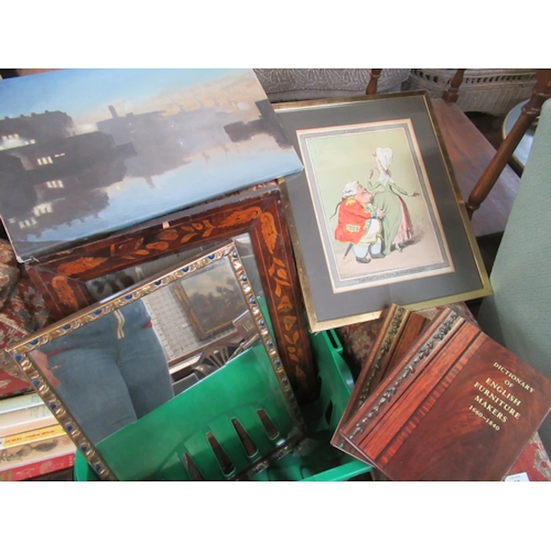 Victorian print, two mirrors etc