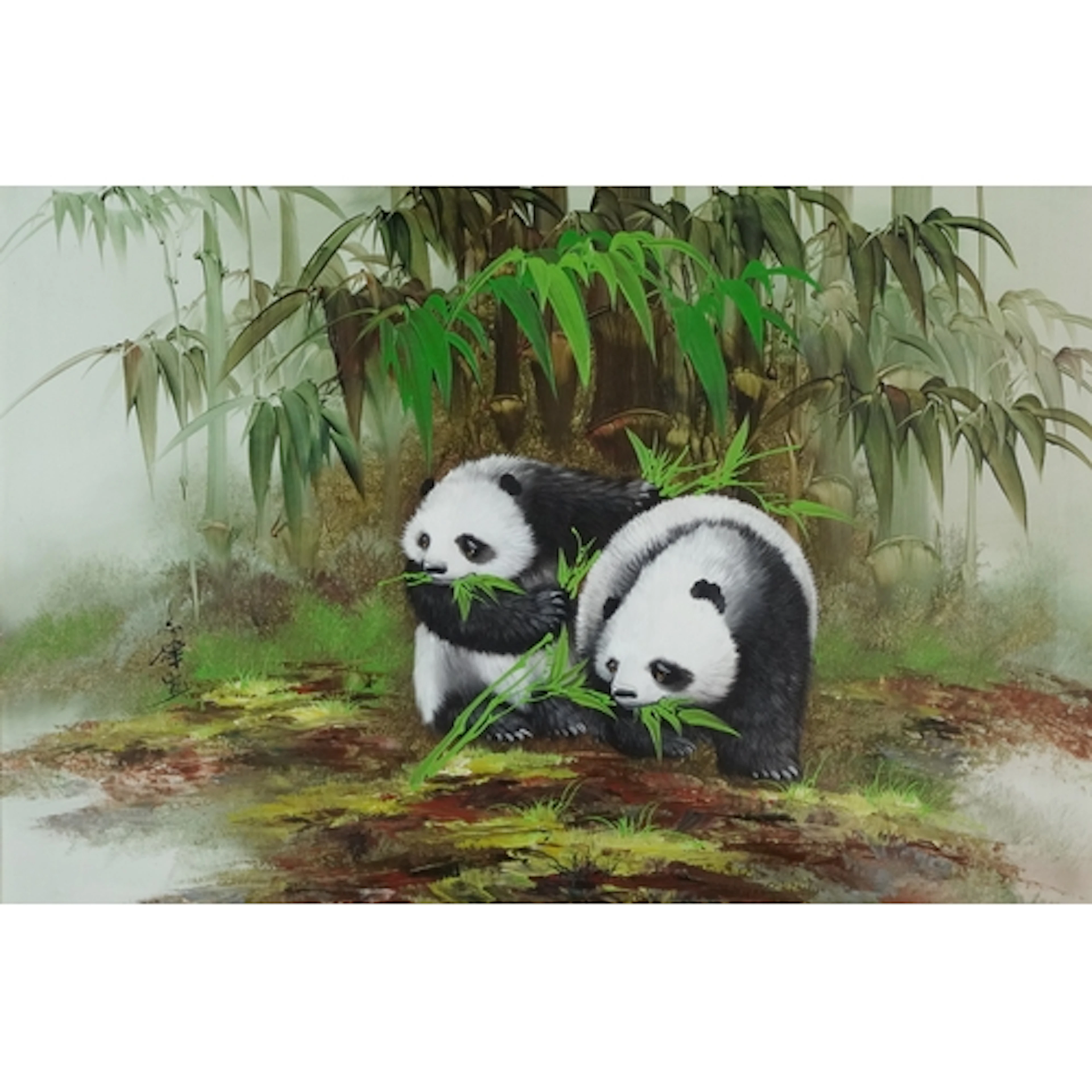 Pandas with bamboo, Chinese oil on canvas, framed, 90cm x 60...