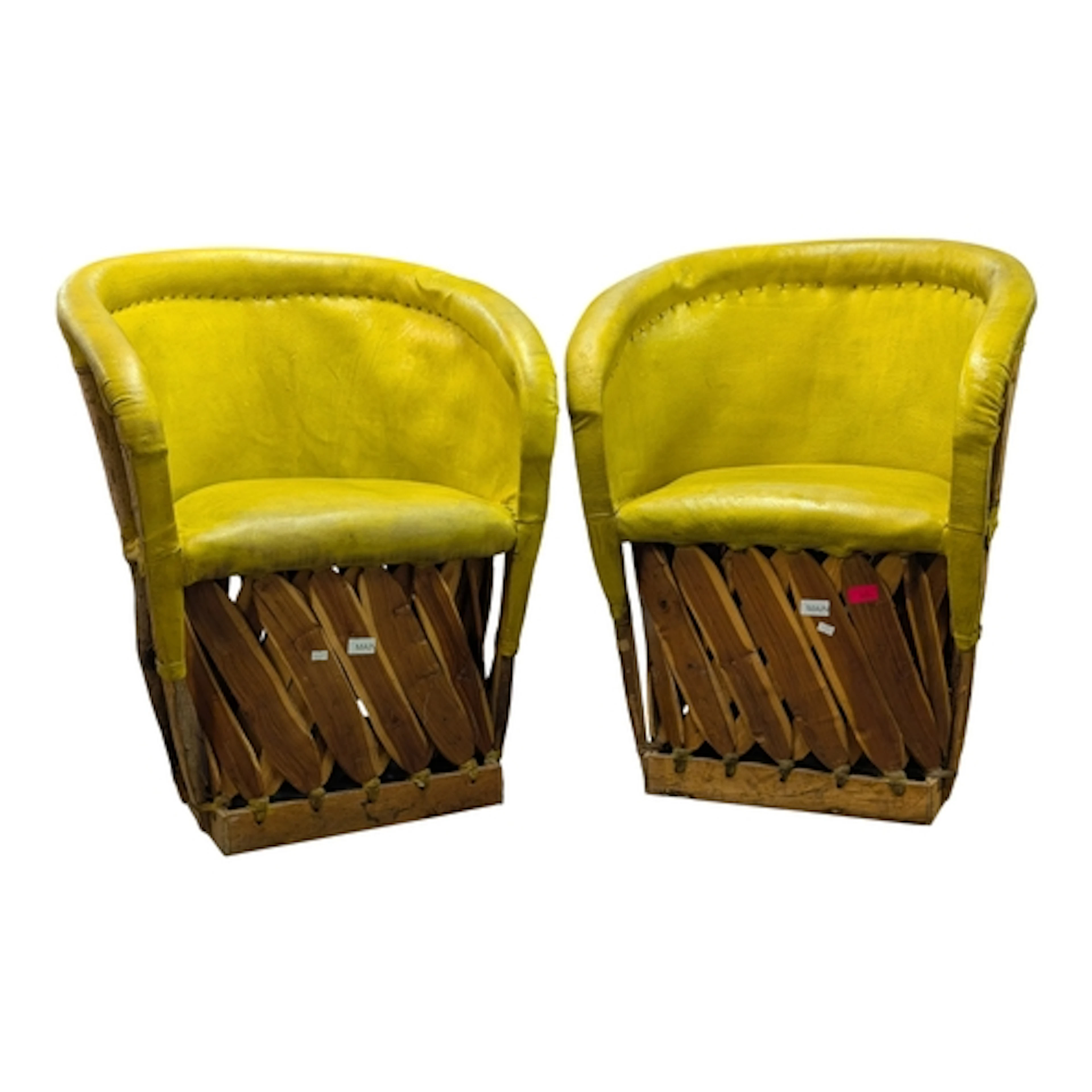 Two mid century Mexican Equipale yellow leather and cedar st...