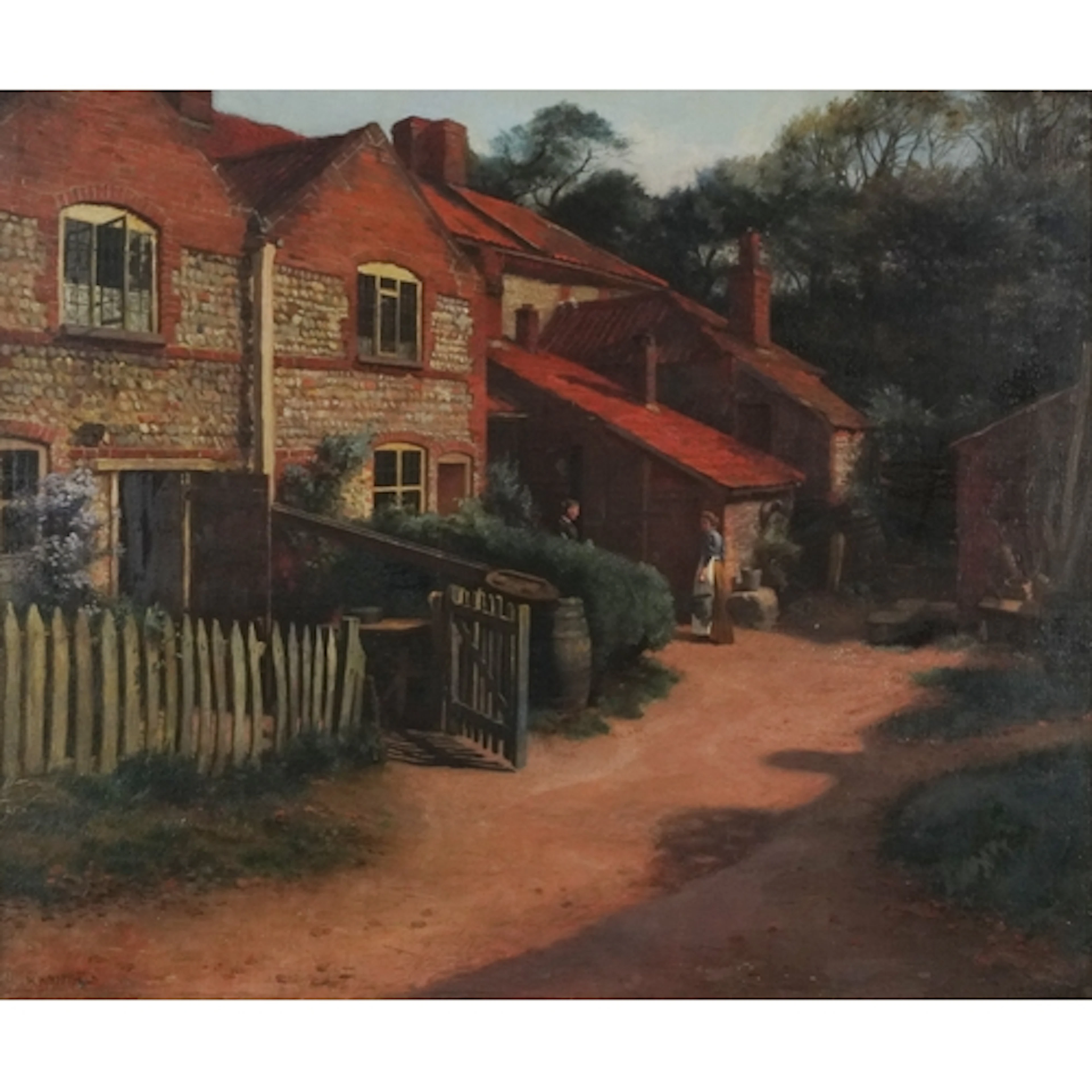 H Whitfield - Maids standing before a cottage, oil on canvas...