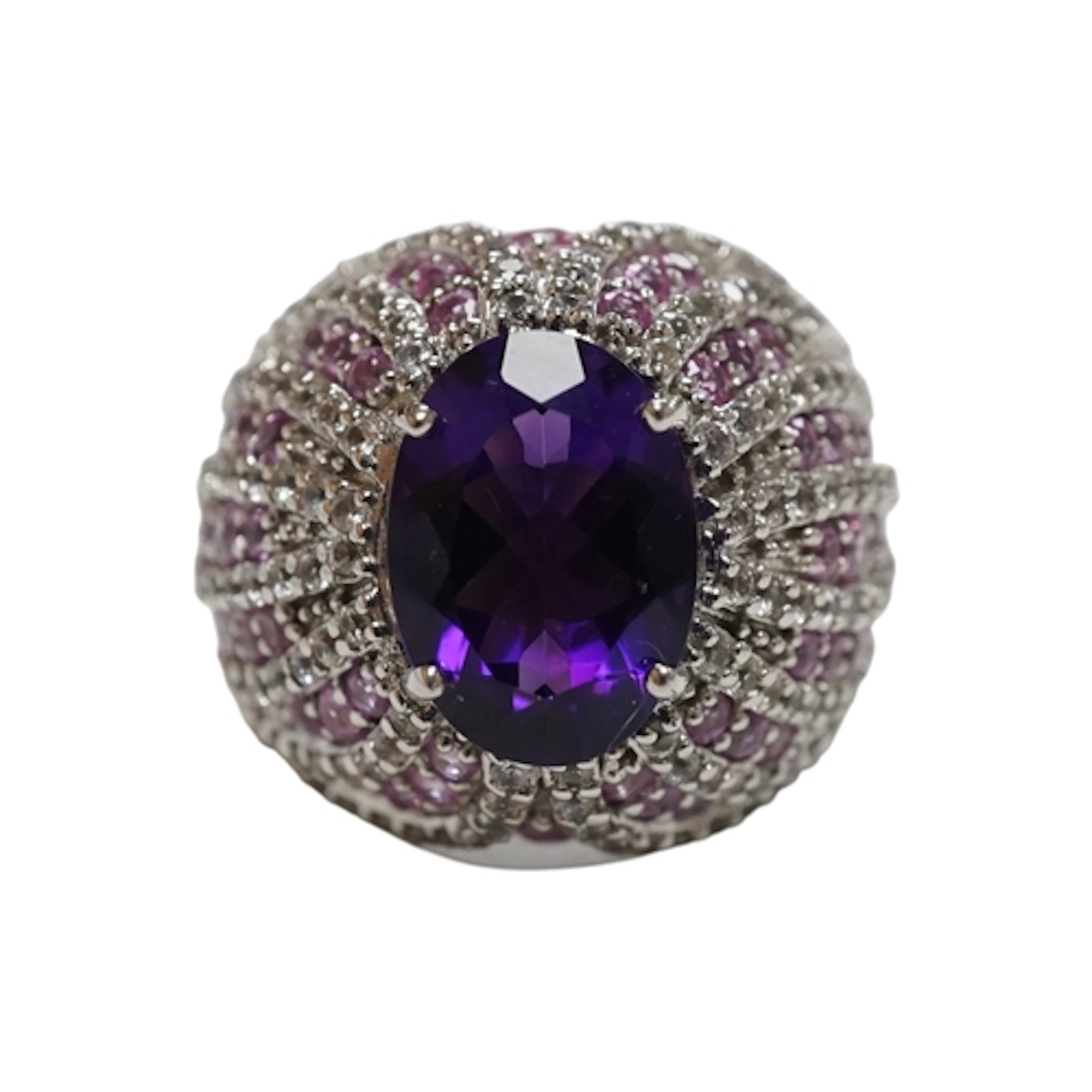 An amethyst, pink sapphire and white sapphire cocktail ring,...