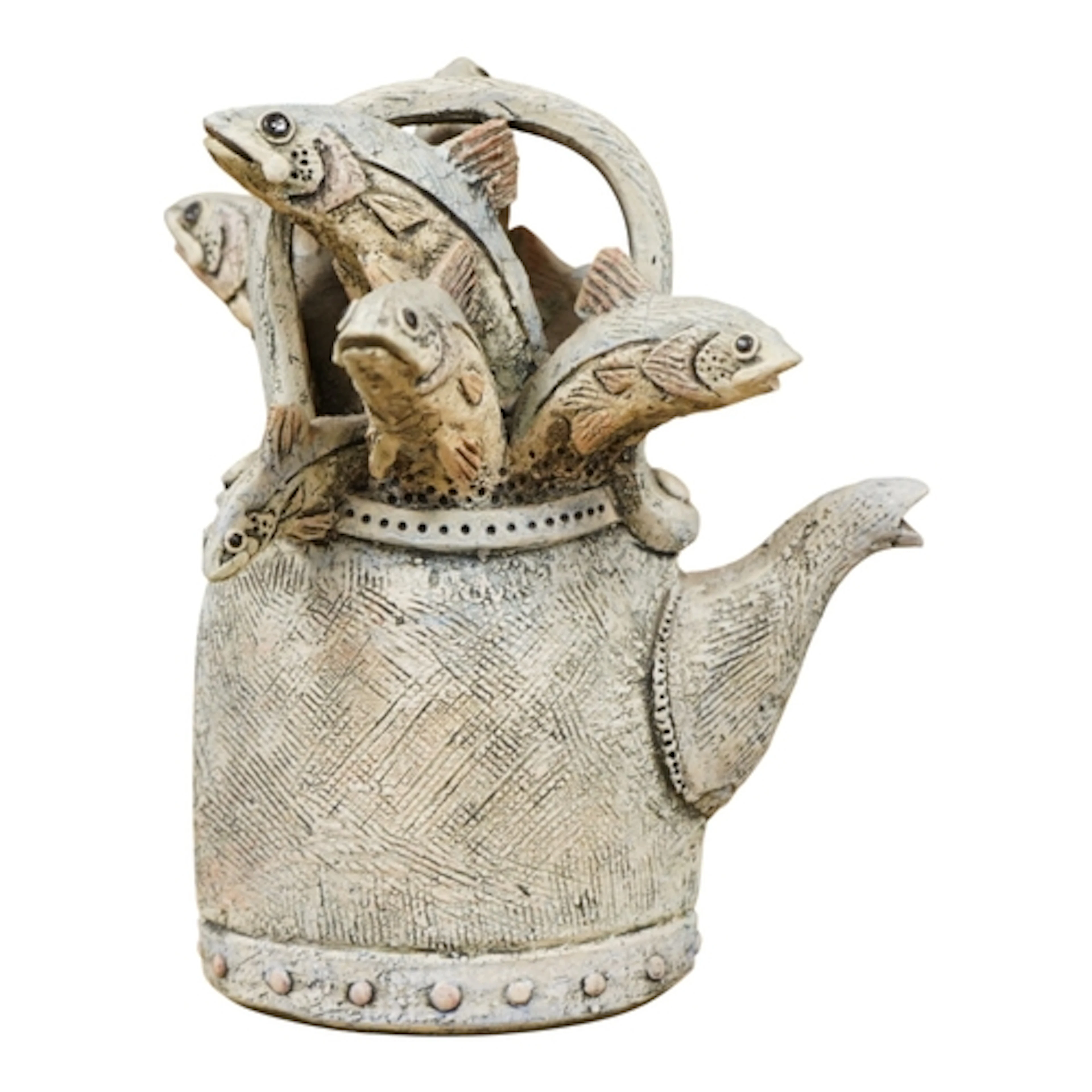 A Blandine Anderson studio ceramic sculpture, fish in a kett...