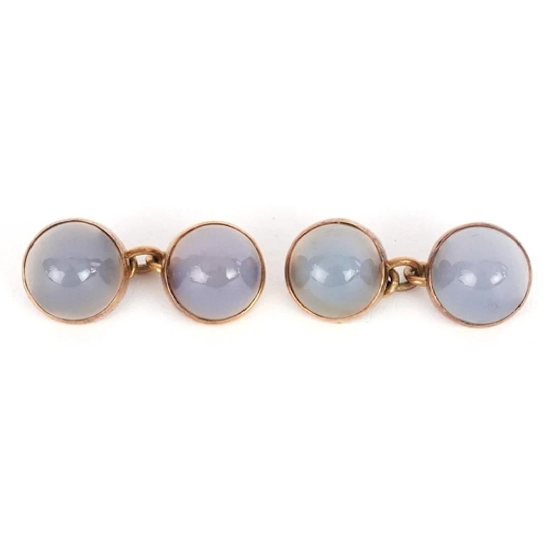 Pair of vintage yellow metal cabochon agate cufflinks, 3.5cm...