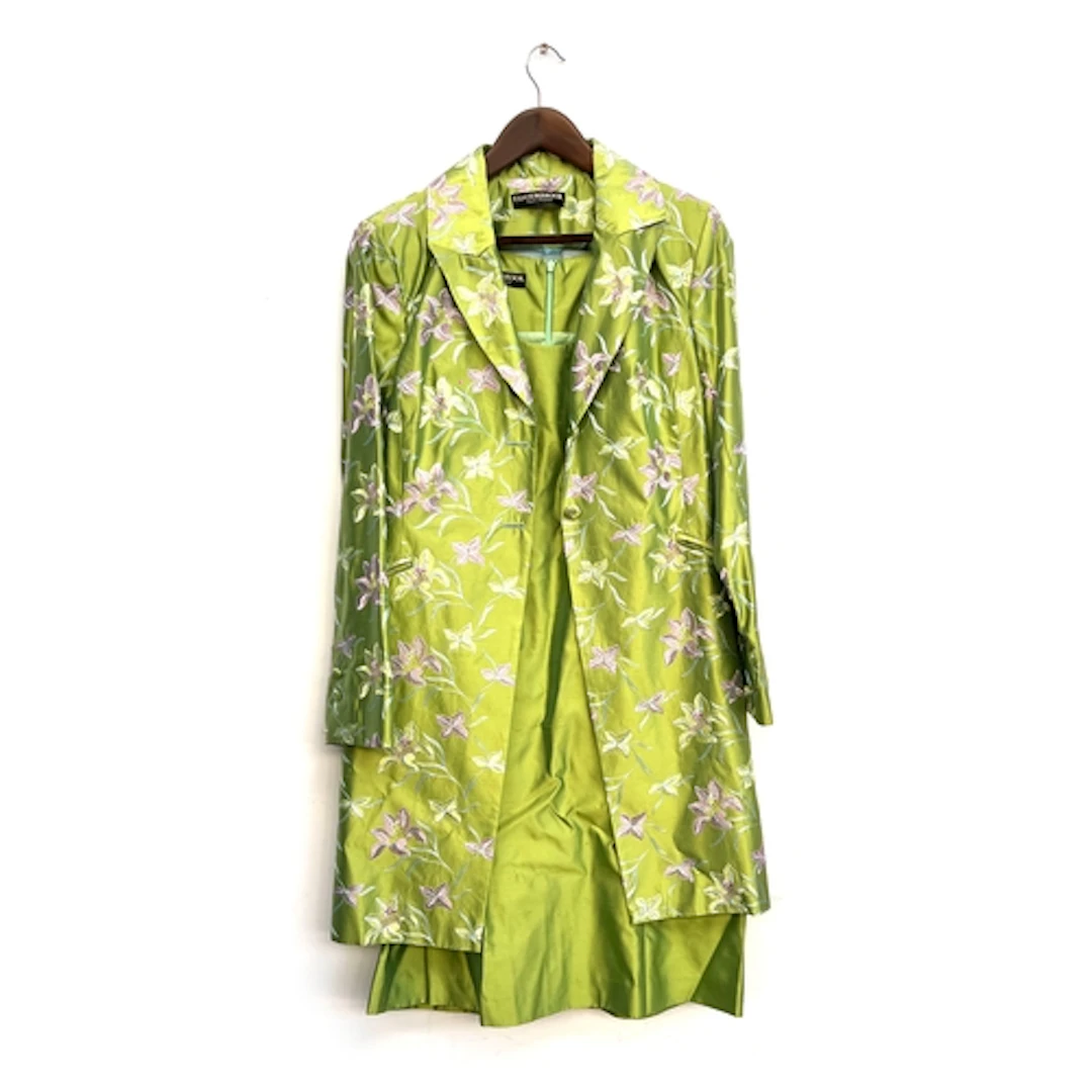 A Favourbrook lime green silk embroidered coat and matching ...