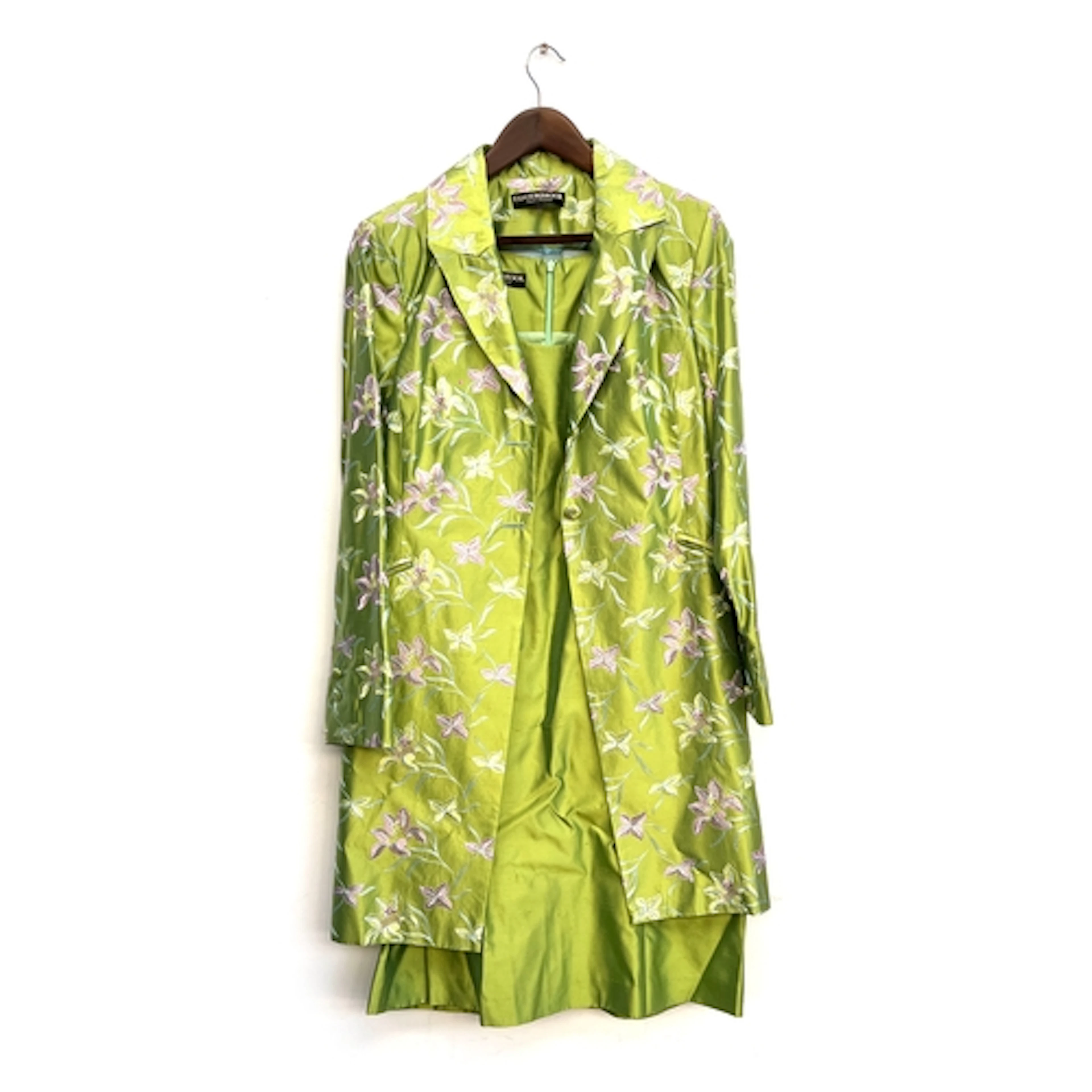 A Favourbrook lime green silk embroidered coat and matching ...