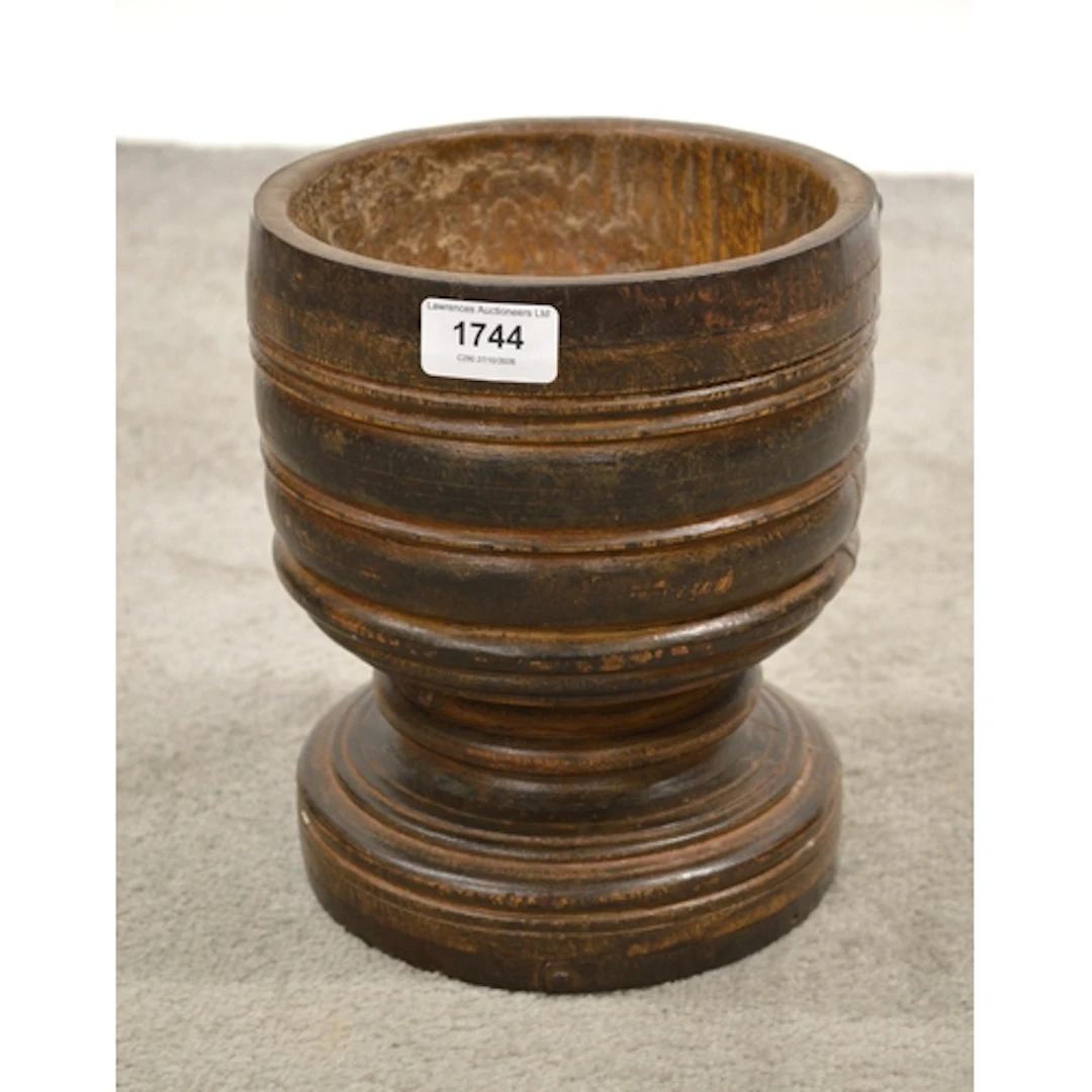 Antique treenware and iron bound mortar, 23cm high