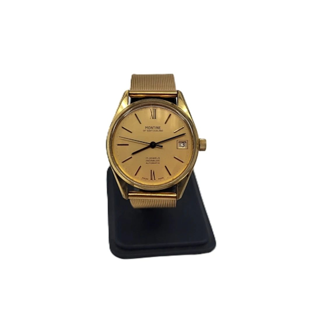 A MONTINE 17 JEWEL AUTOMATIC WRIST WATCH, gold tone, mesh st...
