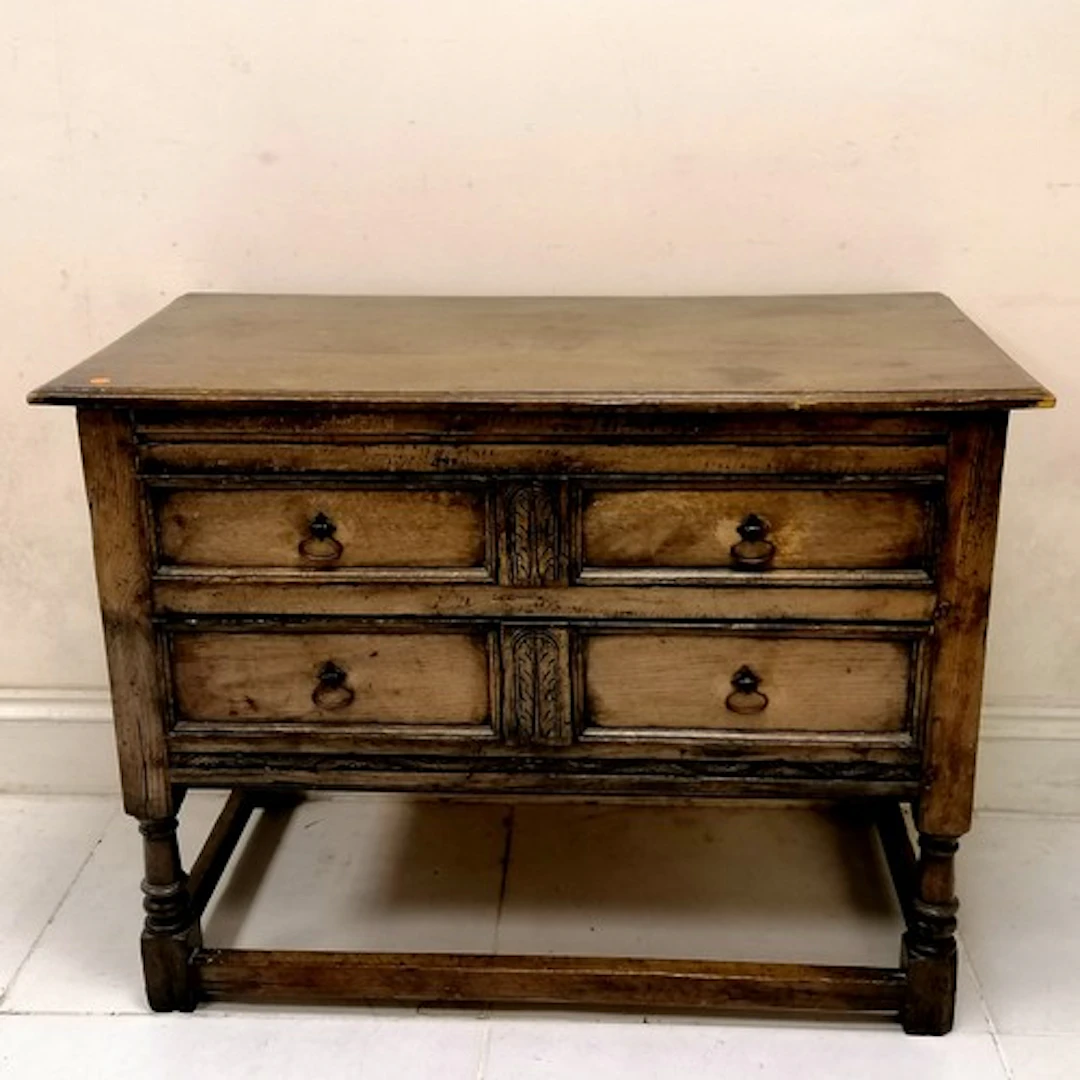 Antique oak 2 drawer chest of drawers on a stretcher base T/...