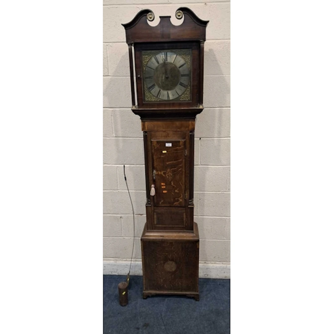 AN OAK AND MAHOGANY CASED 30 HOUR LONGCASE CLOCK, with twin ...