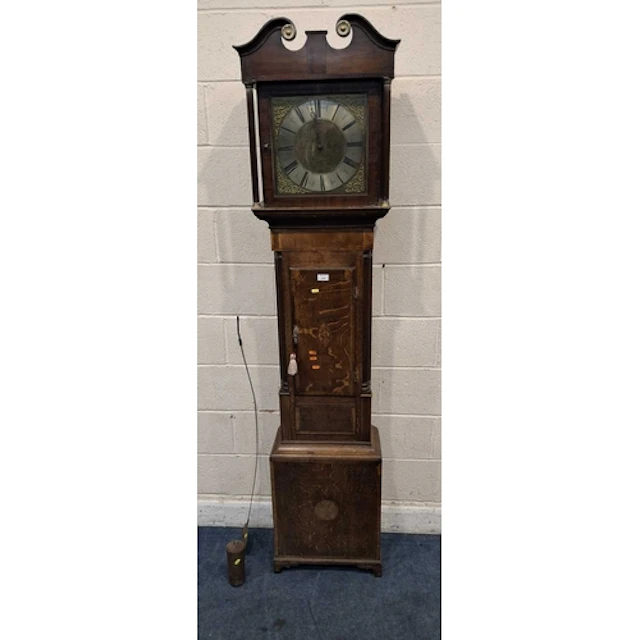 AN OAK AND MAHOGANY CASED 30 HOUR LONGCASE CLOCK, with twin ...