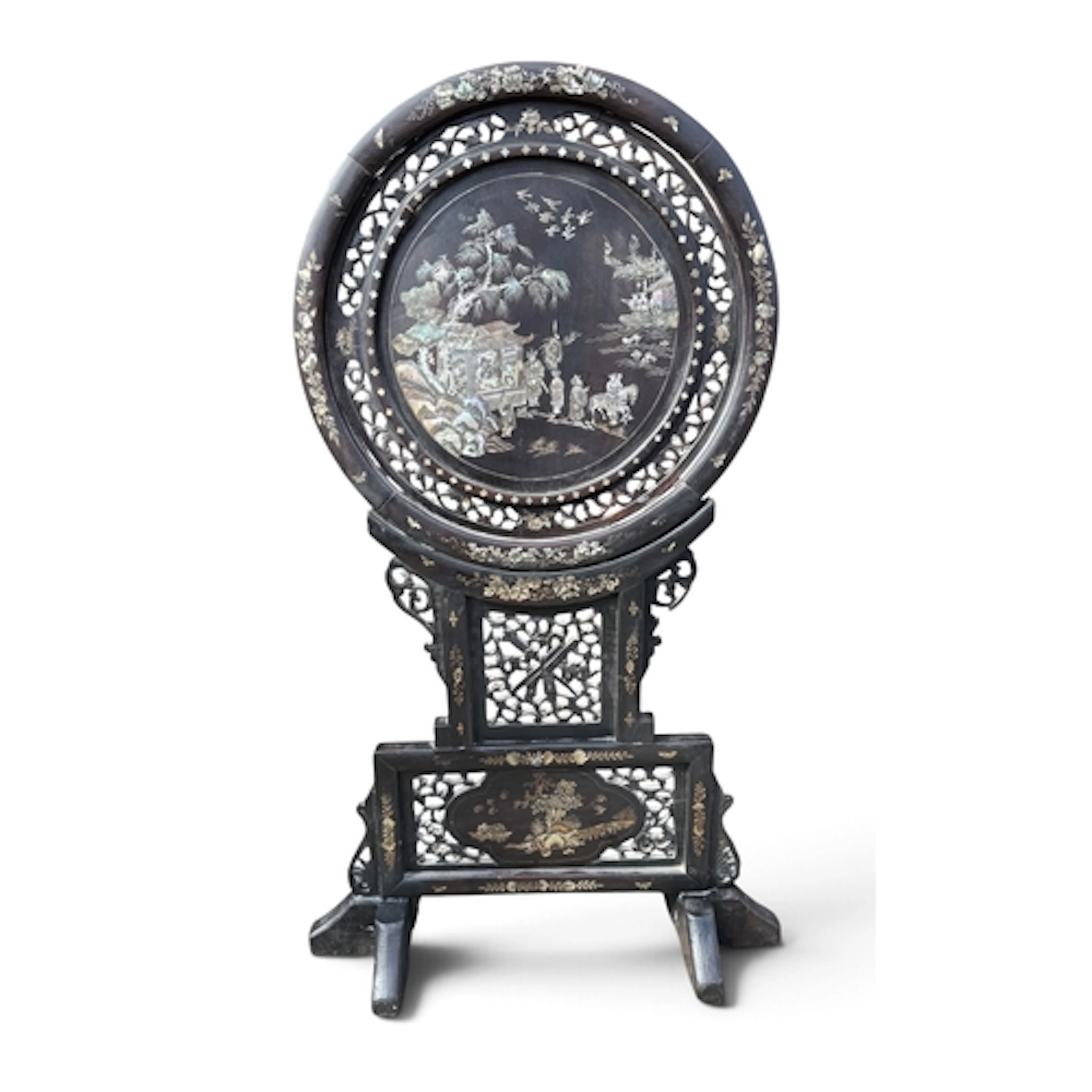A CHINESE LACQUERED MOTHER OF PEARL INLAID FIRE SCREEN 95cm ...