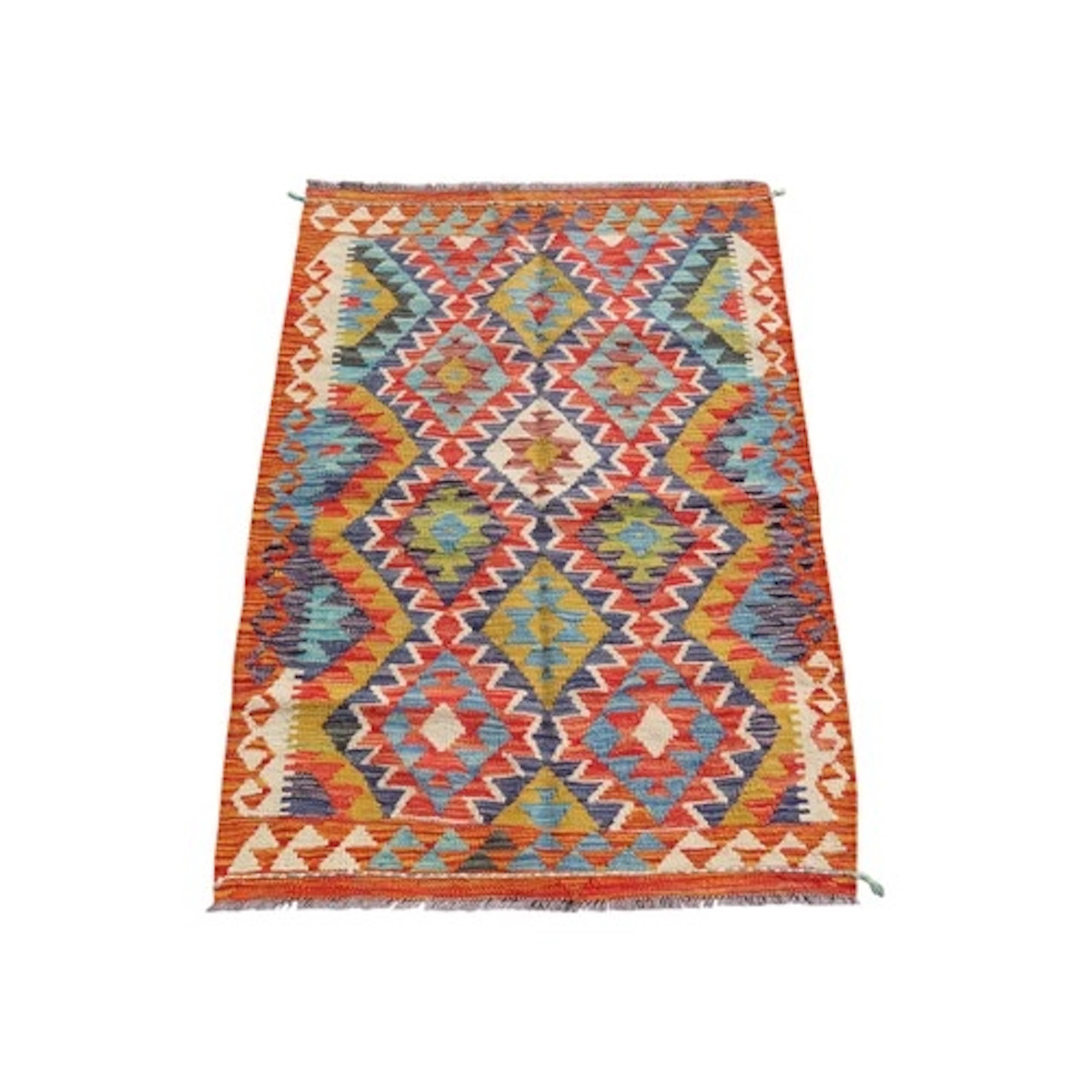 A Chobi kilim rug with bright geometric decoration. 115cm x ...