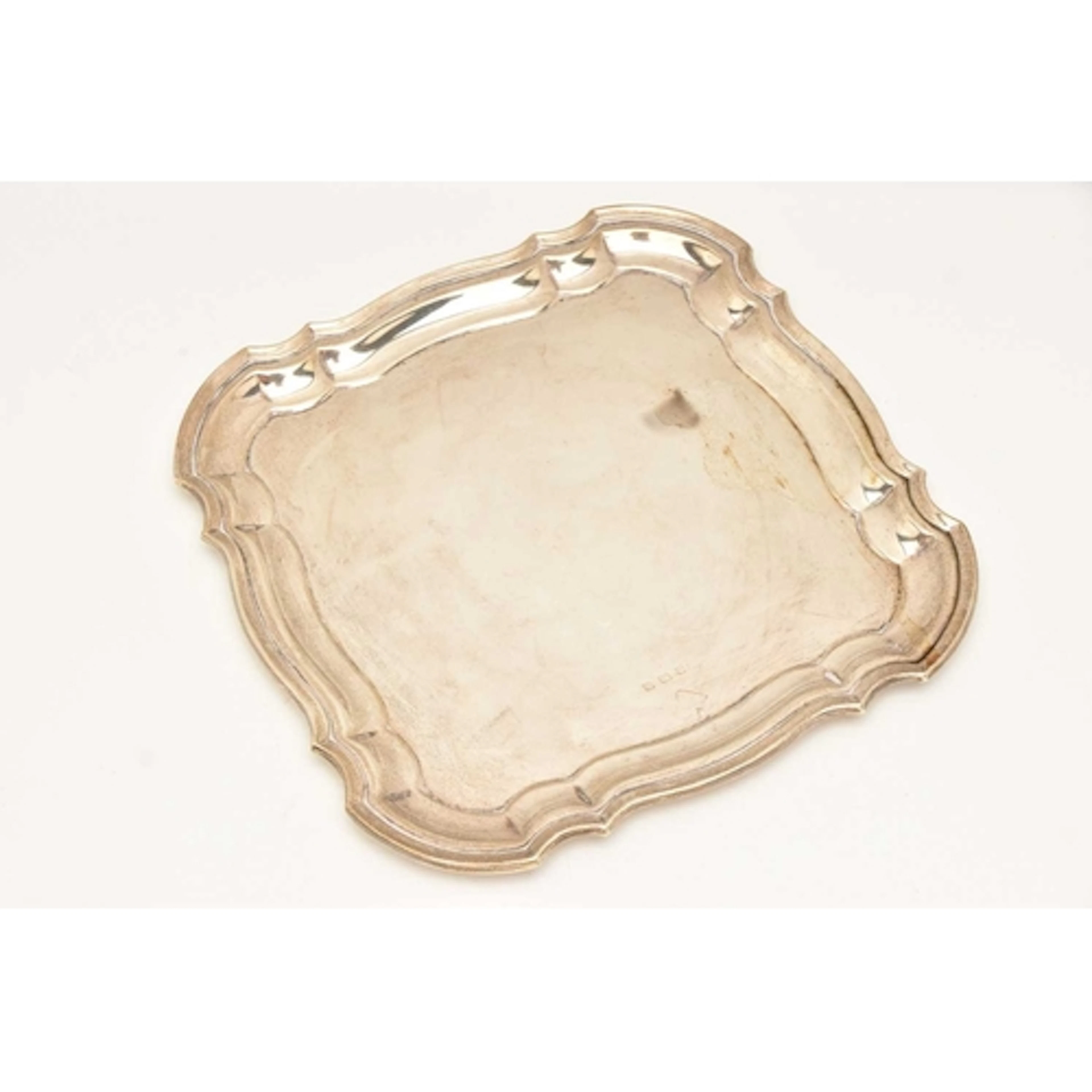 A GEORGE V SILVER WAITER, square form, approximate width 230...