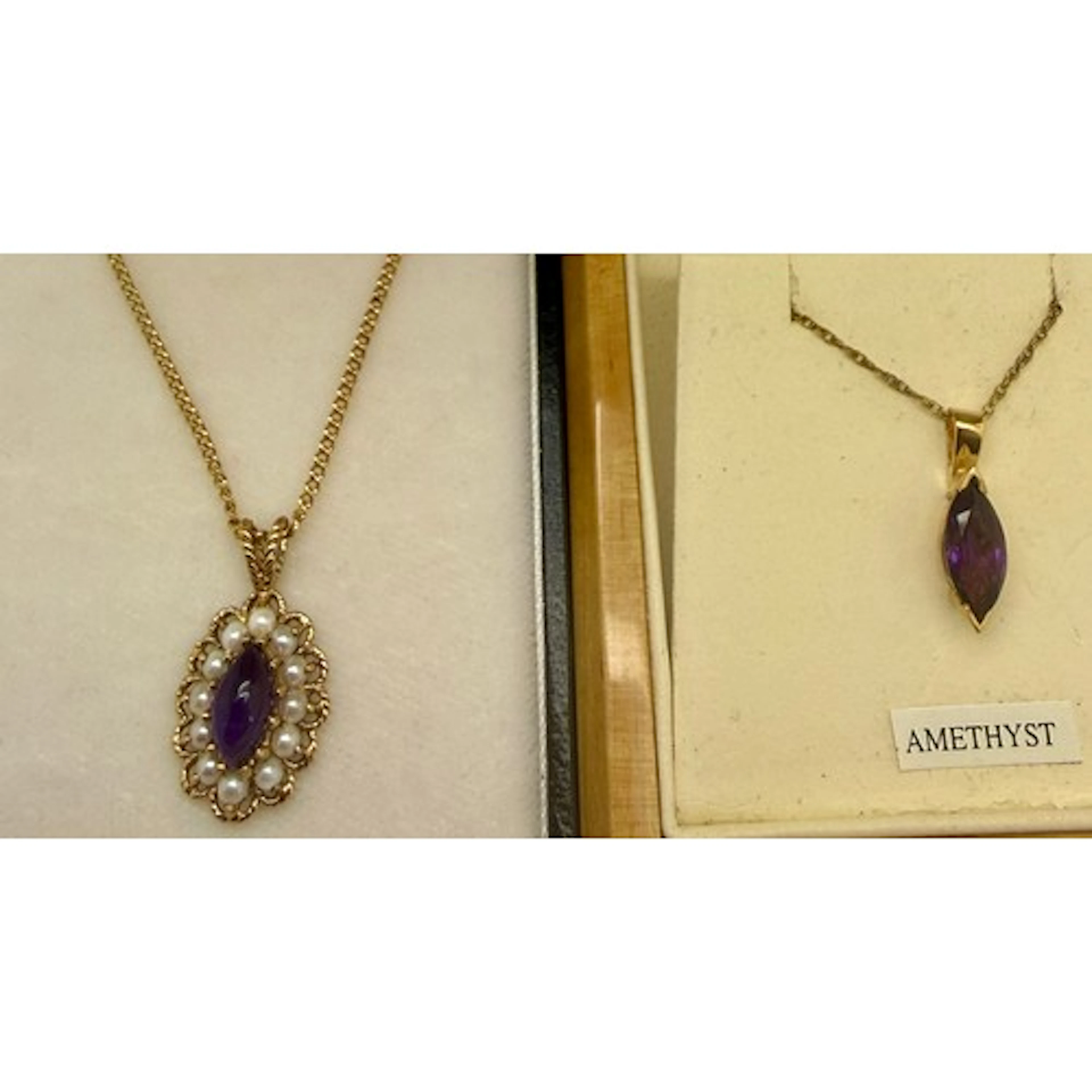 Two 9 carat gold pendants set with amethyst and seed pearls ...