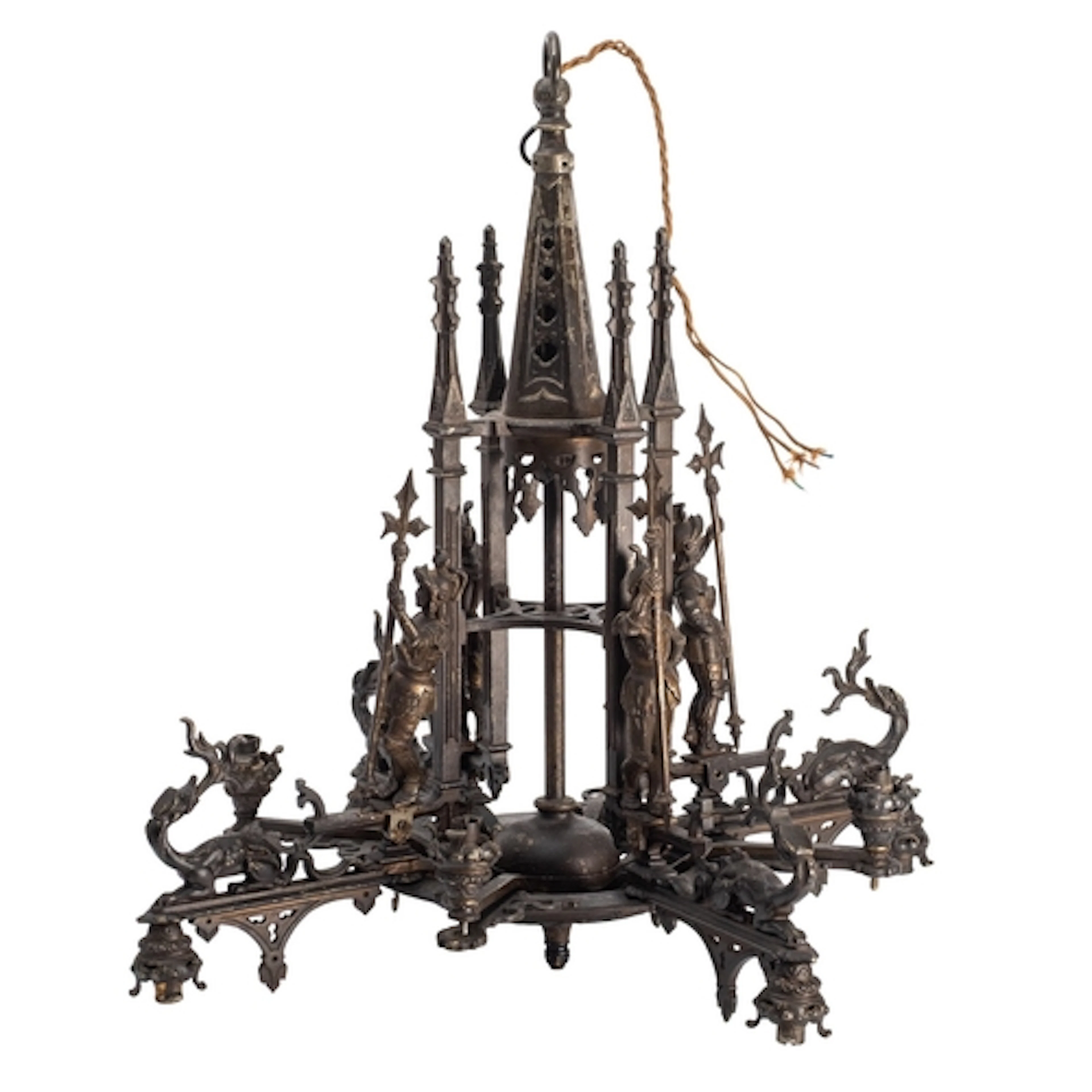 A patinated metal eight light chandelier in Gothic style, ea...