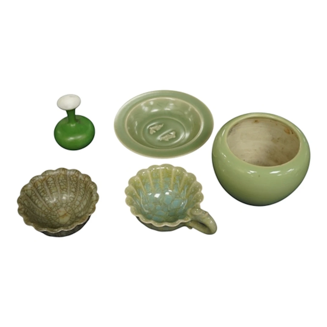 A group of Chinese celadon glazed vessels - an alms bowl, ch...