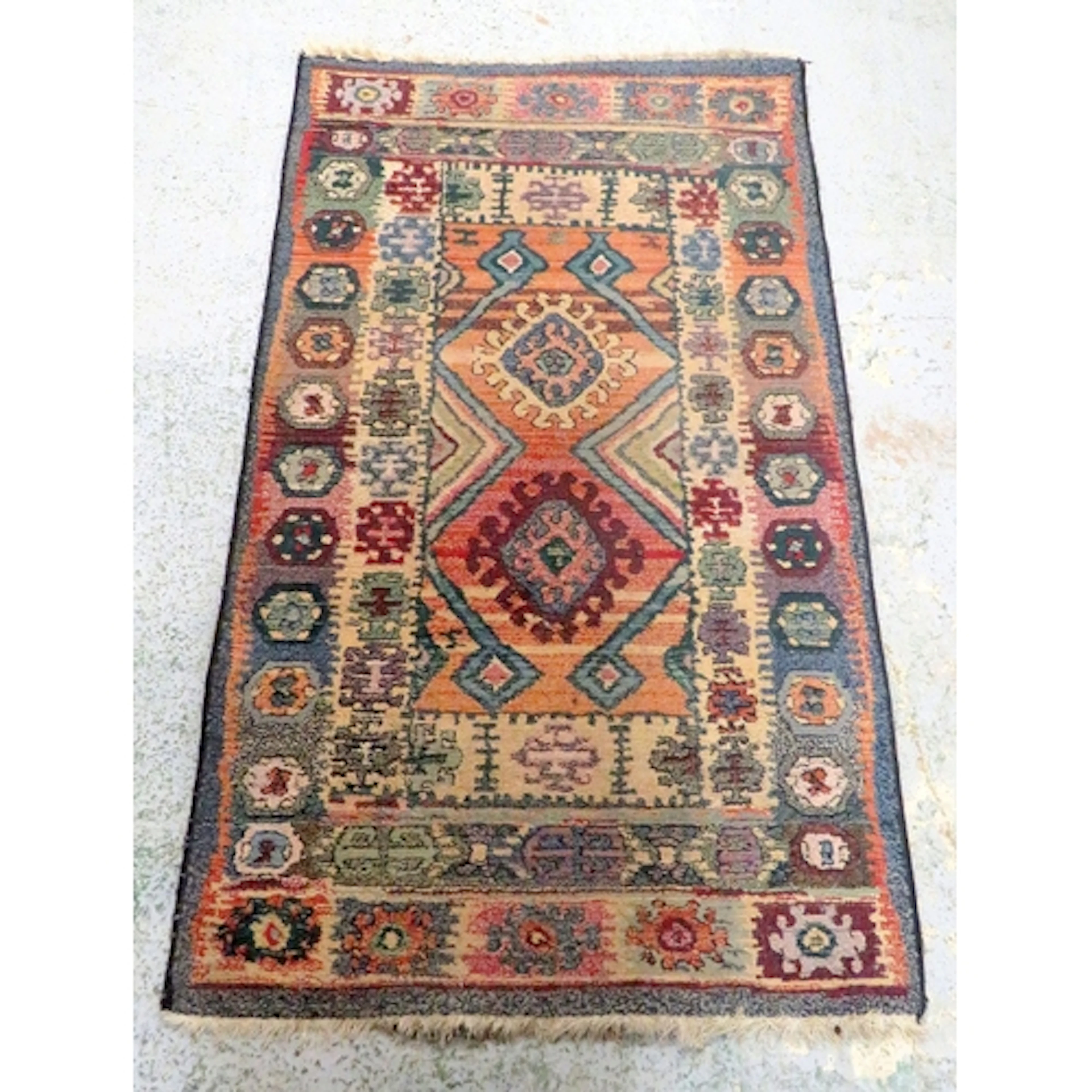Small Vintage Turkish Style Geometric accent rug, tassel end...